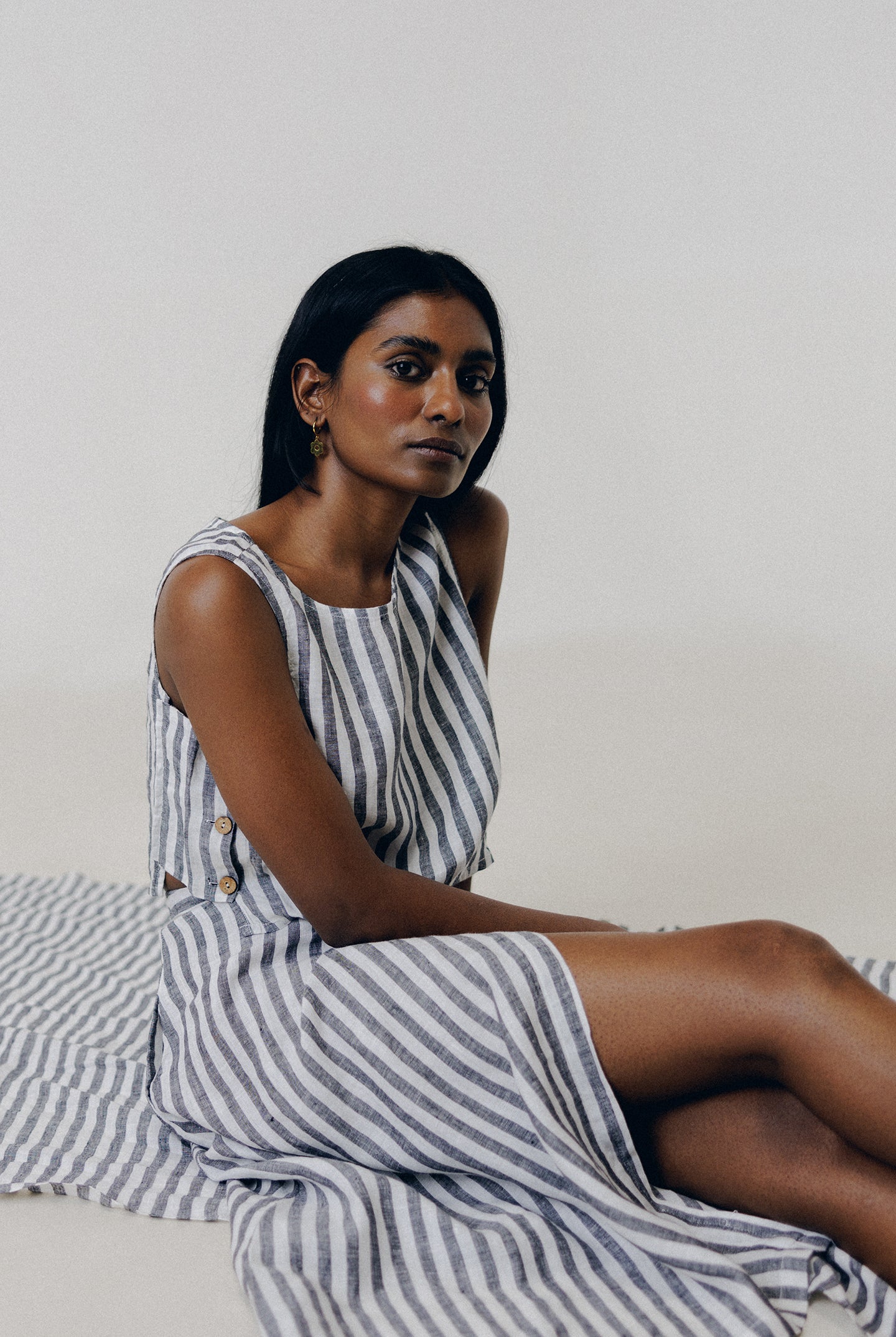 Overlap Midi Skirt in Linen Stripes