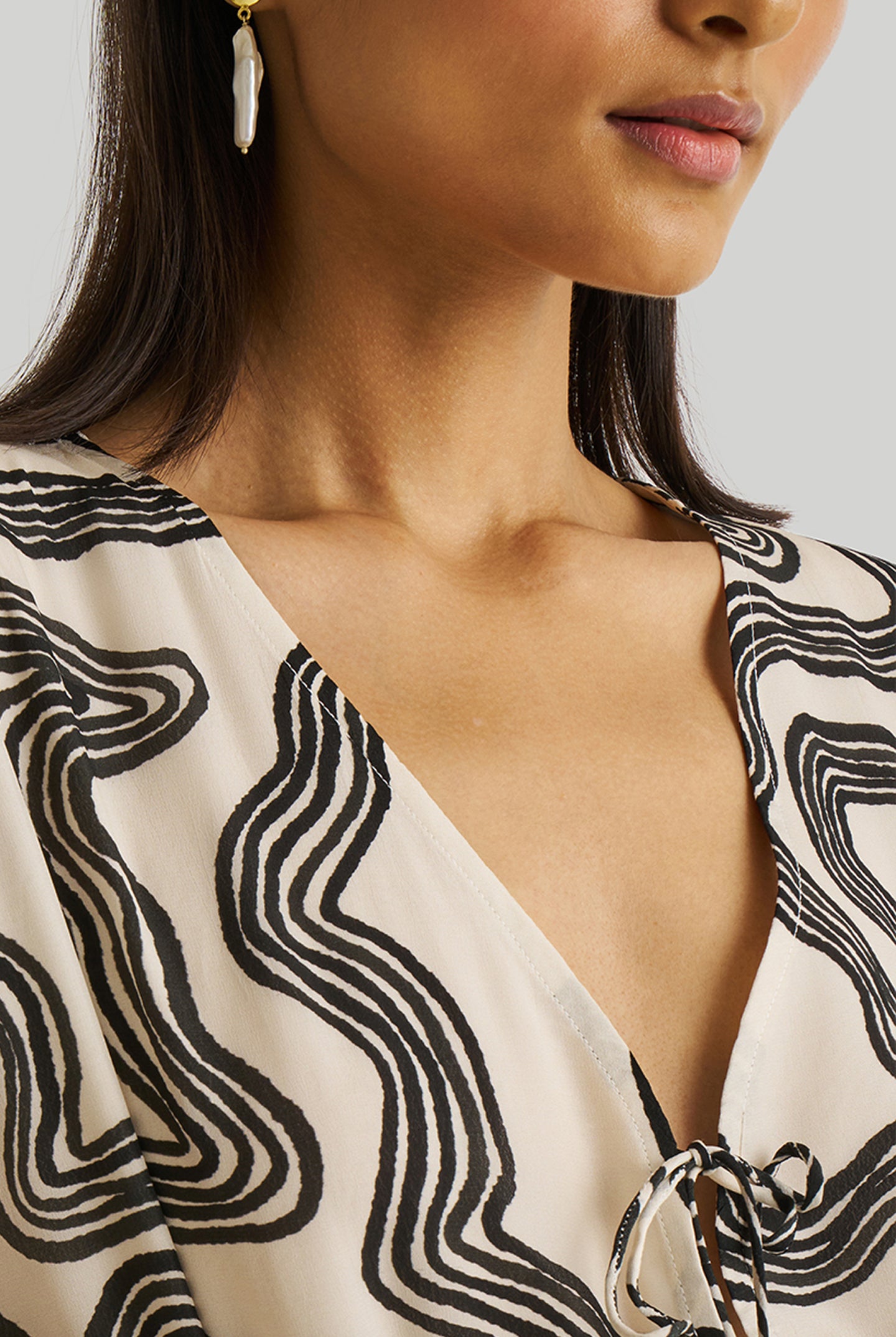 DeepV-neckGatheredDressinBlackStripes