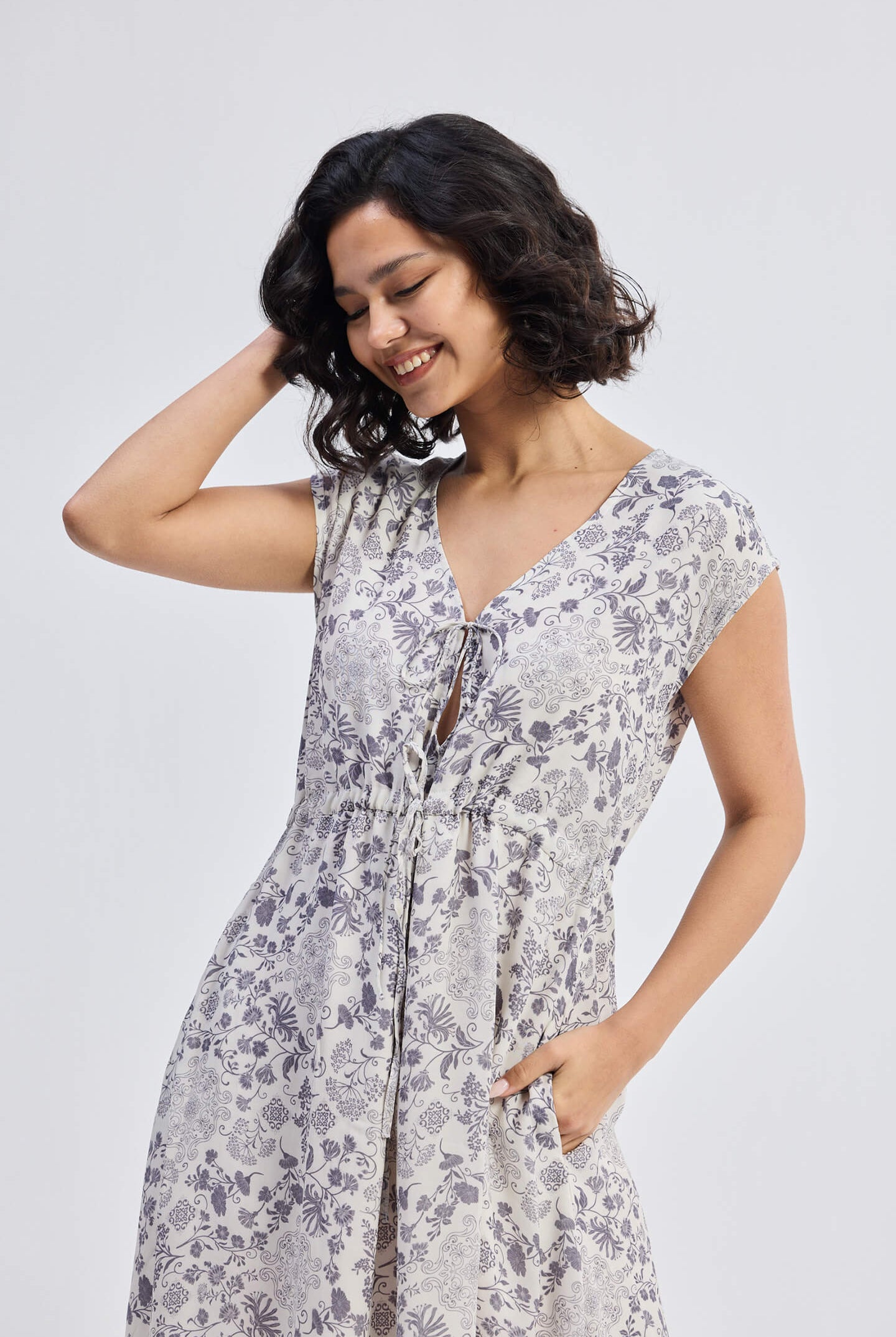 Deep V-neck Gathered Dress in Florals Closeup