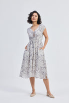 Deep V-neck Gathered Dress in Florals Front