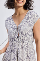 Deep V-neck Gathered Dress in Florals Closeup
