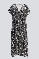 Deep V-neck Maxi Dress with Front Gathers in Black Florals Flat Lay