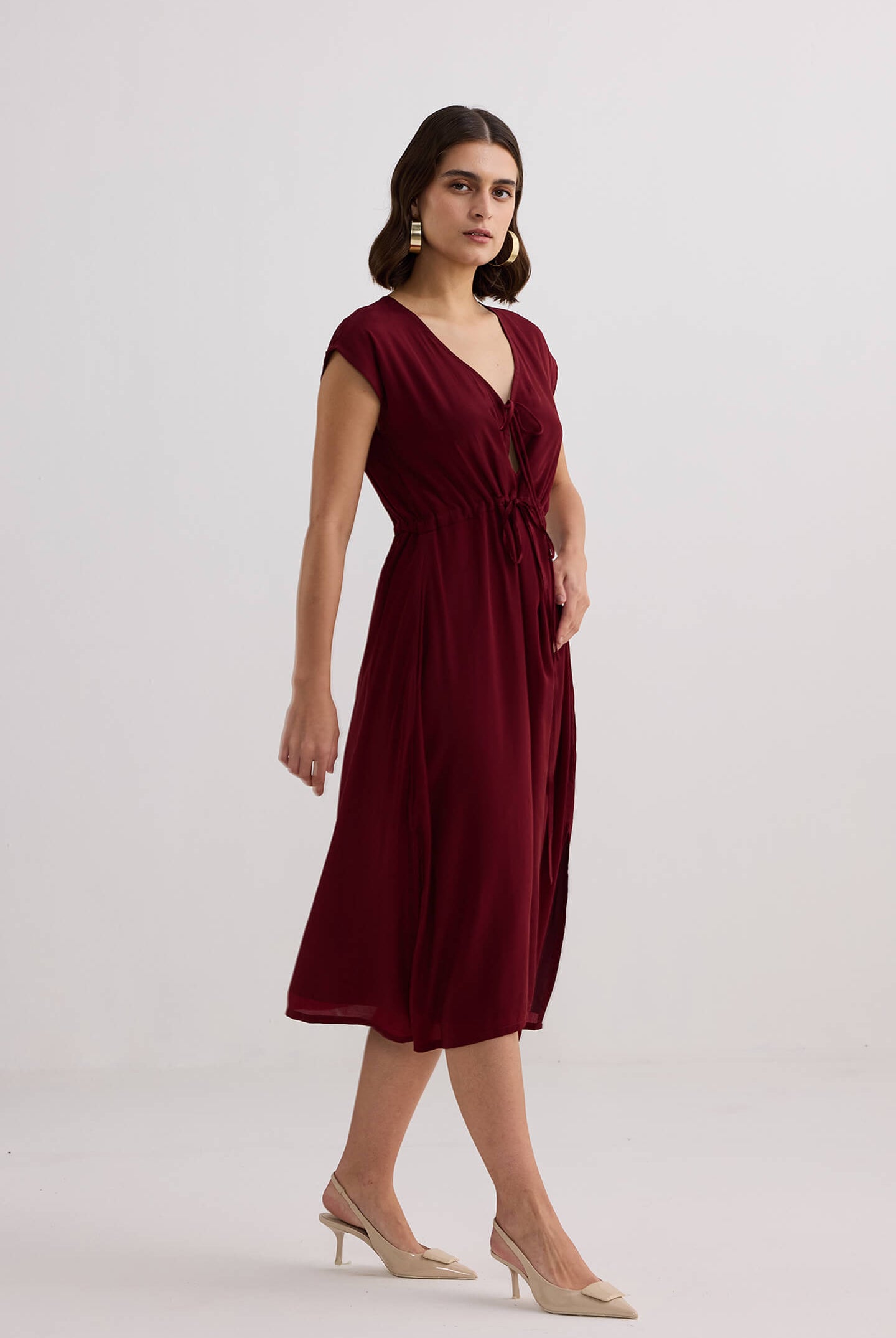 Deep V-neck Gathered Dress in Burgundy Side