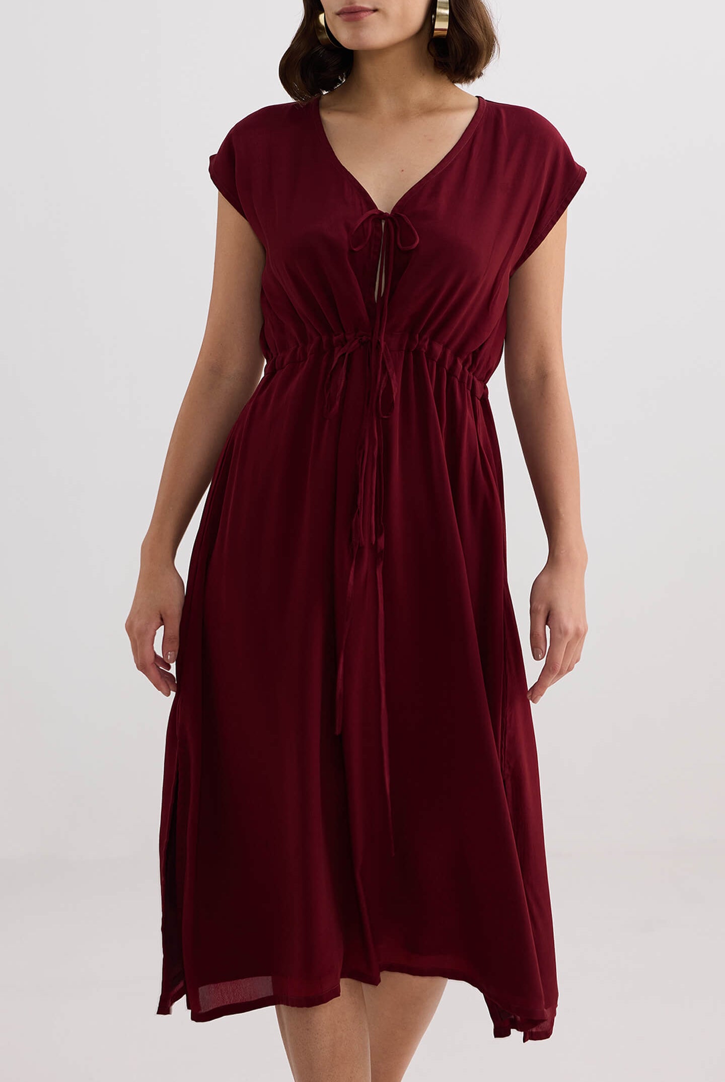 Deep V-neck Gathered Dress in Burgundy Closeup