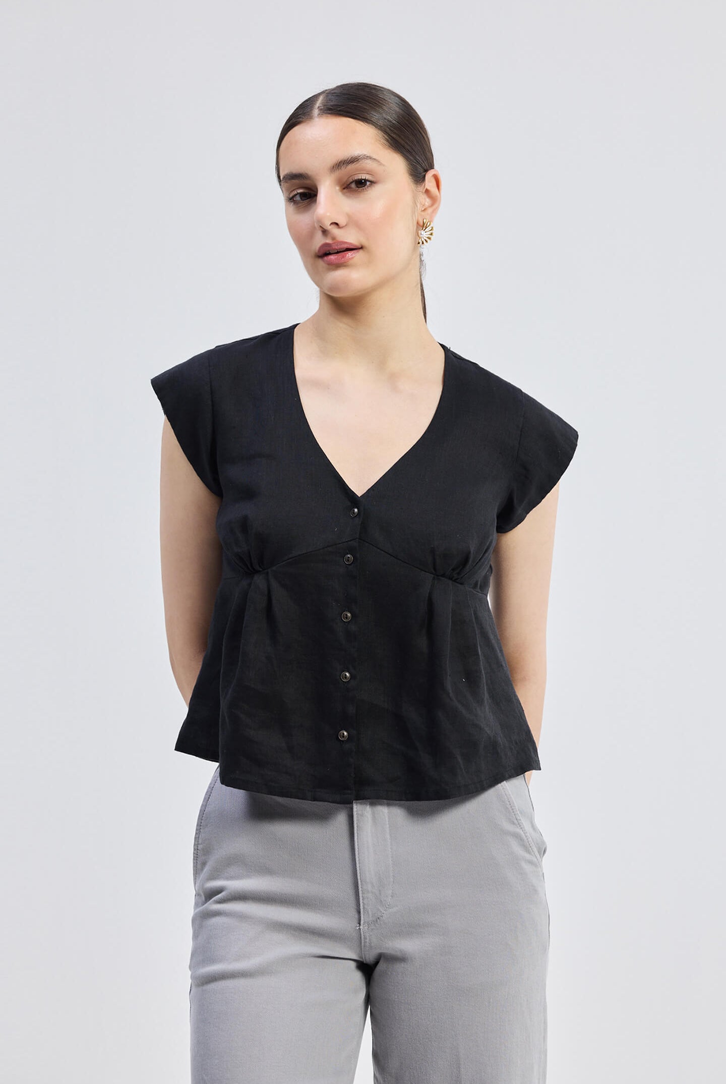 Deep V-neck short top in Black Front
