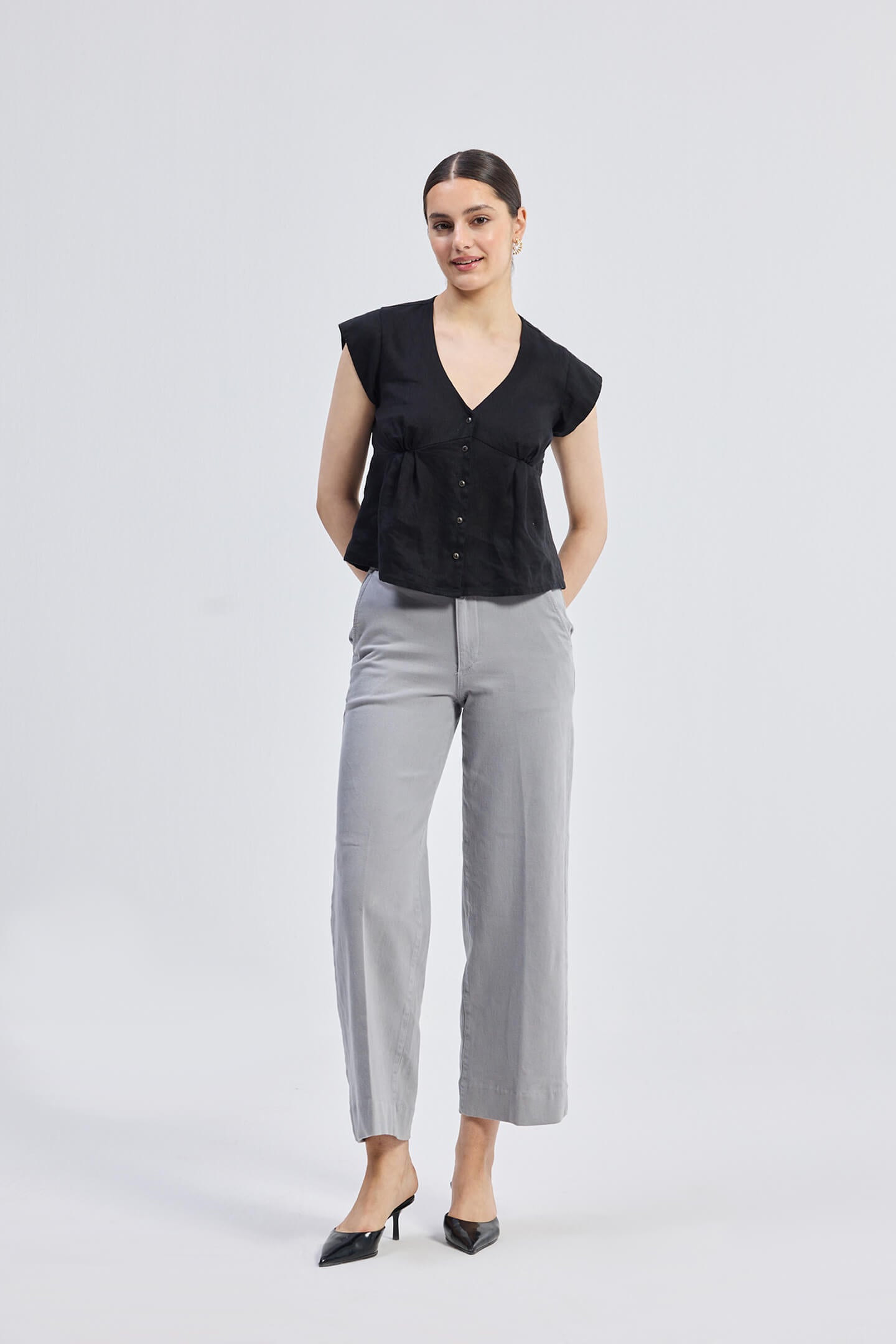 Deep V-neck short top in Black Front