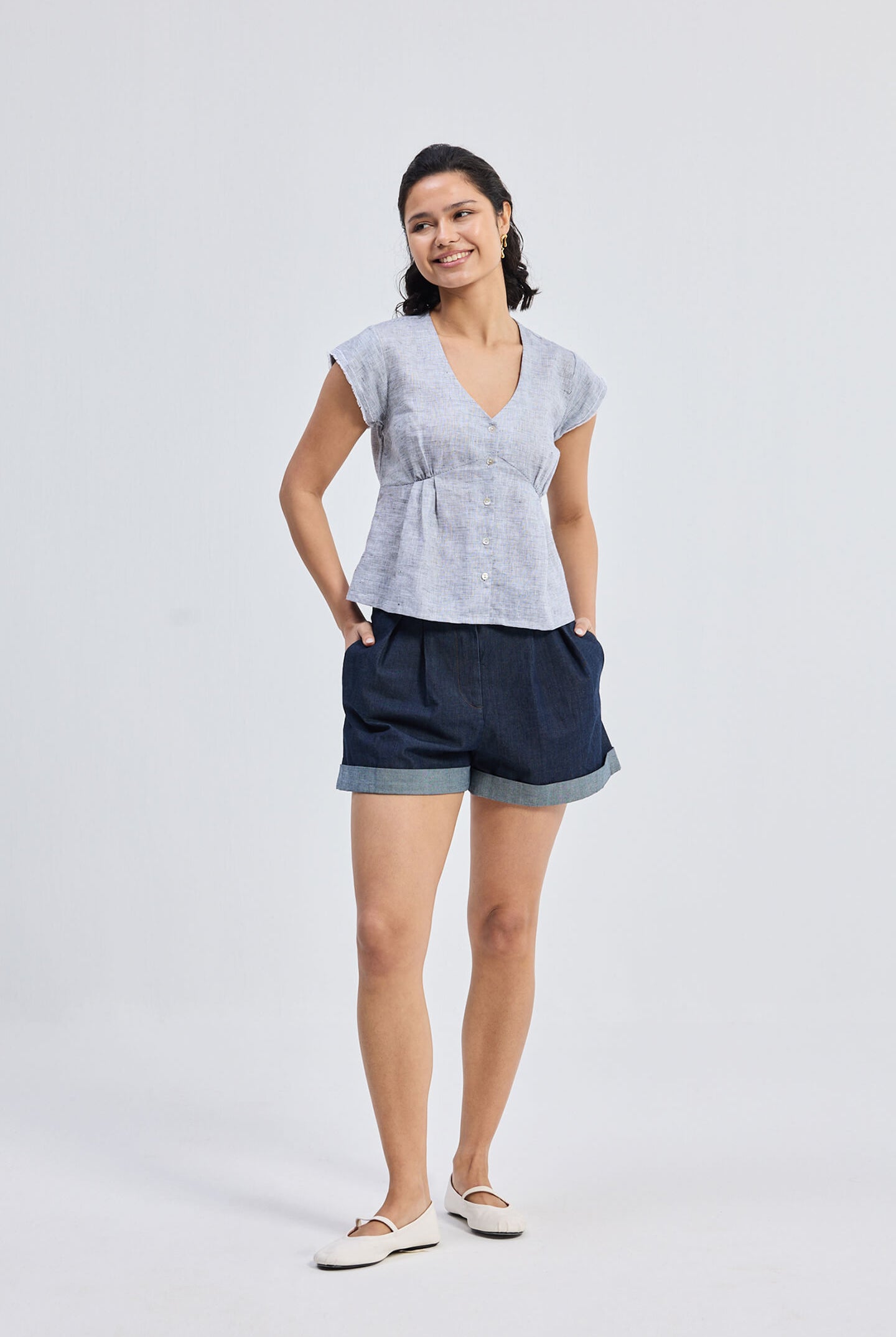 Deep V-neck short top in Linen Stripes Front