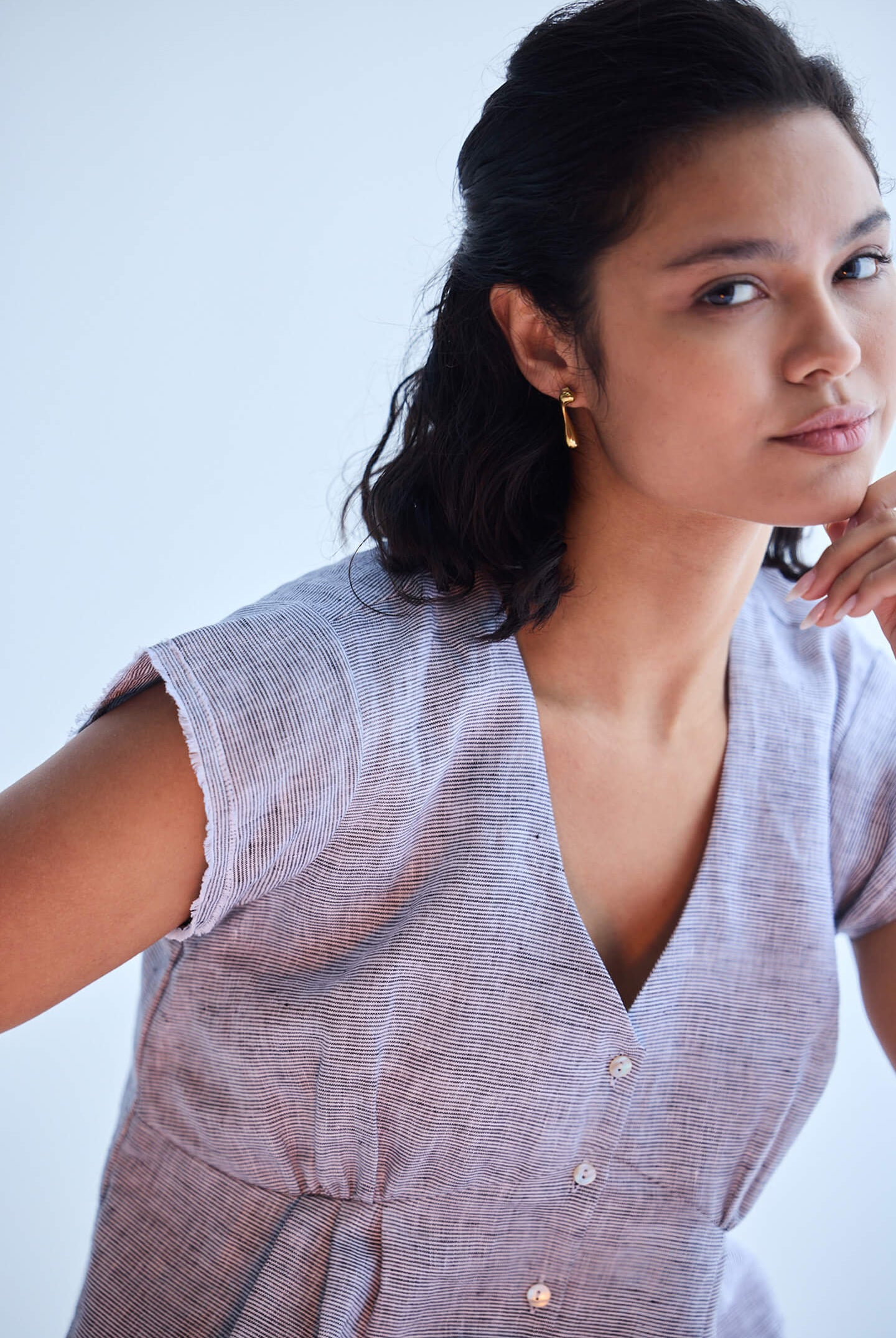 Deep V-neck short top in Linen Stripes Front
