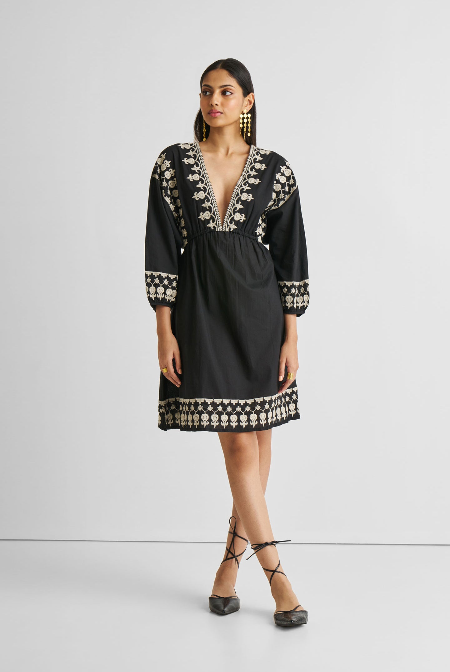 Deep V Embroidered Dress in Black Long Shot