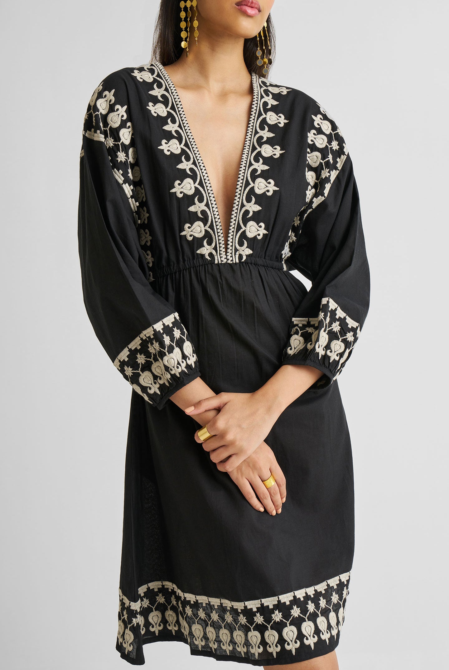 Deep V Embroidered Dress in Black Closeup