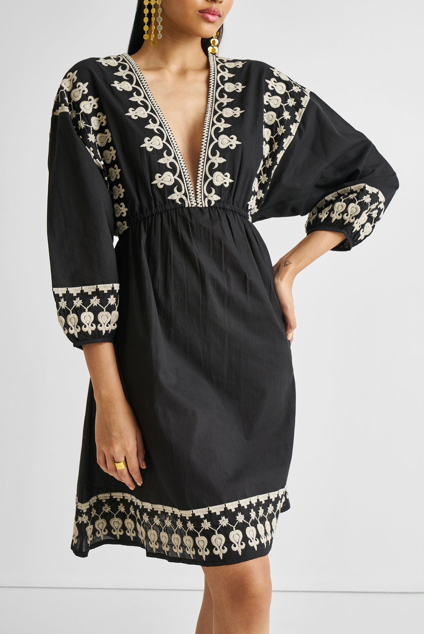 Deep V Embroidered Dress in Black Closeup