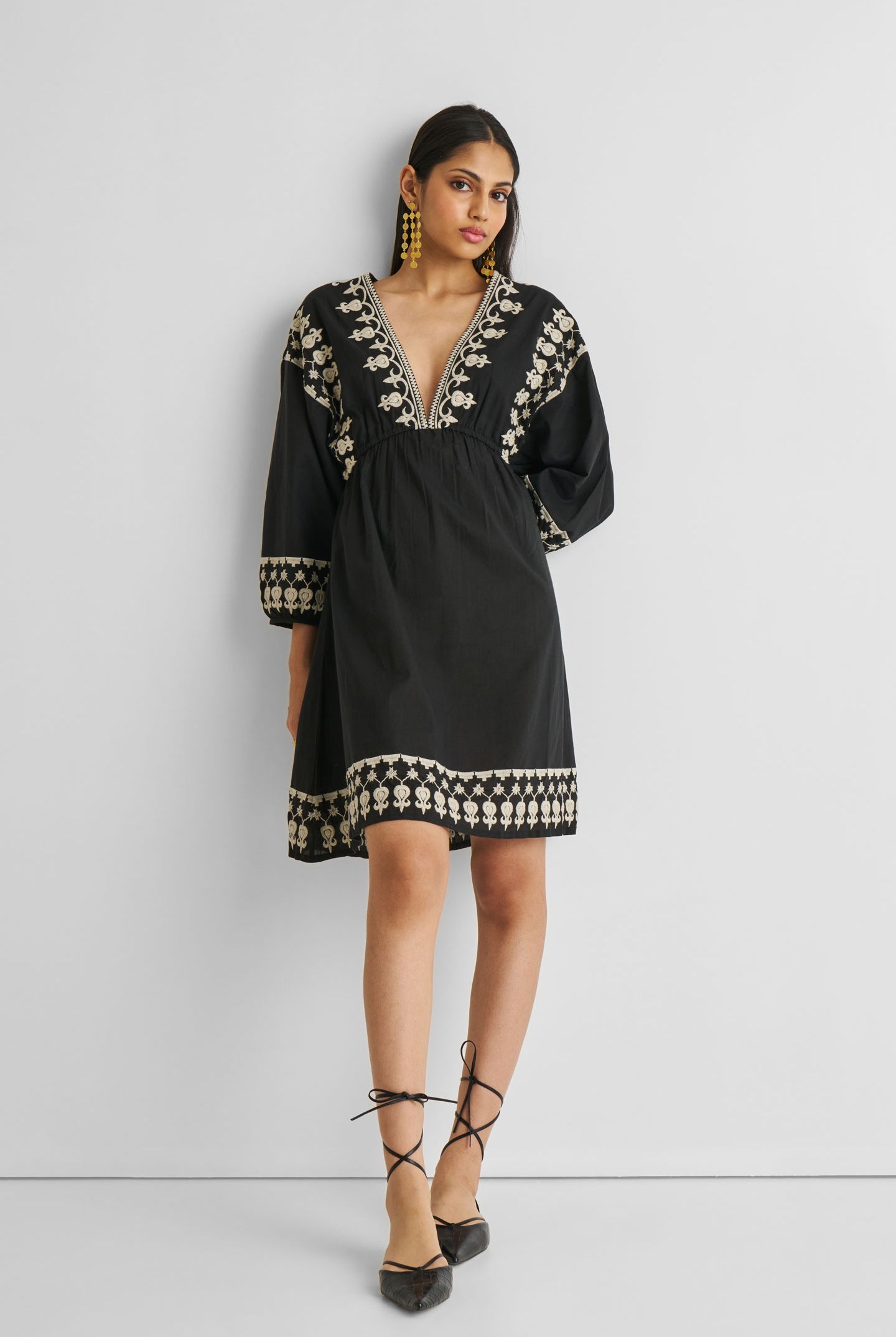 Deep V Embroidered Dress in Black Long Shot