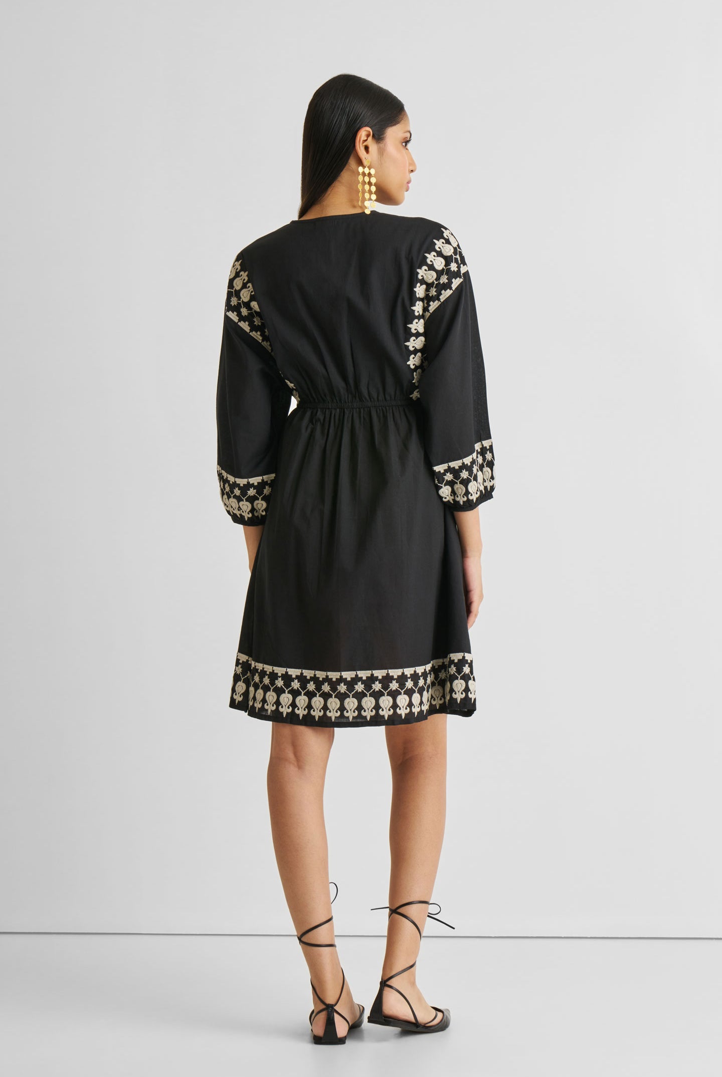 Deep V Embroidered Dress in Black Long Shot