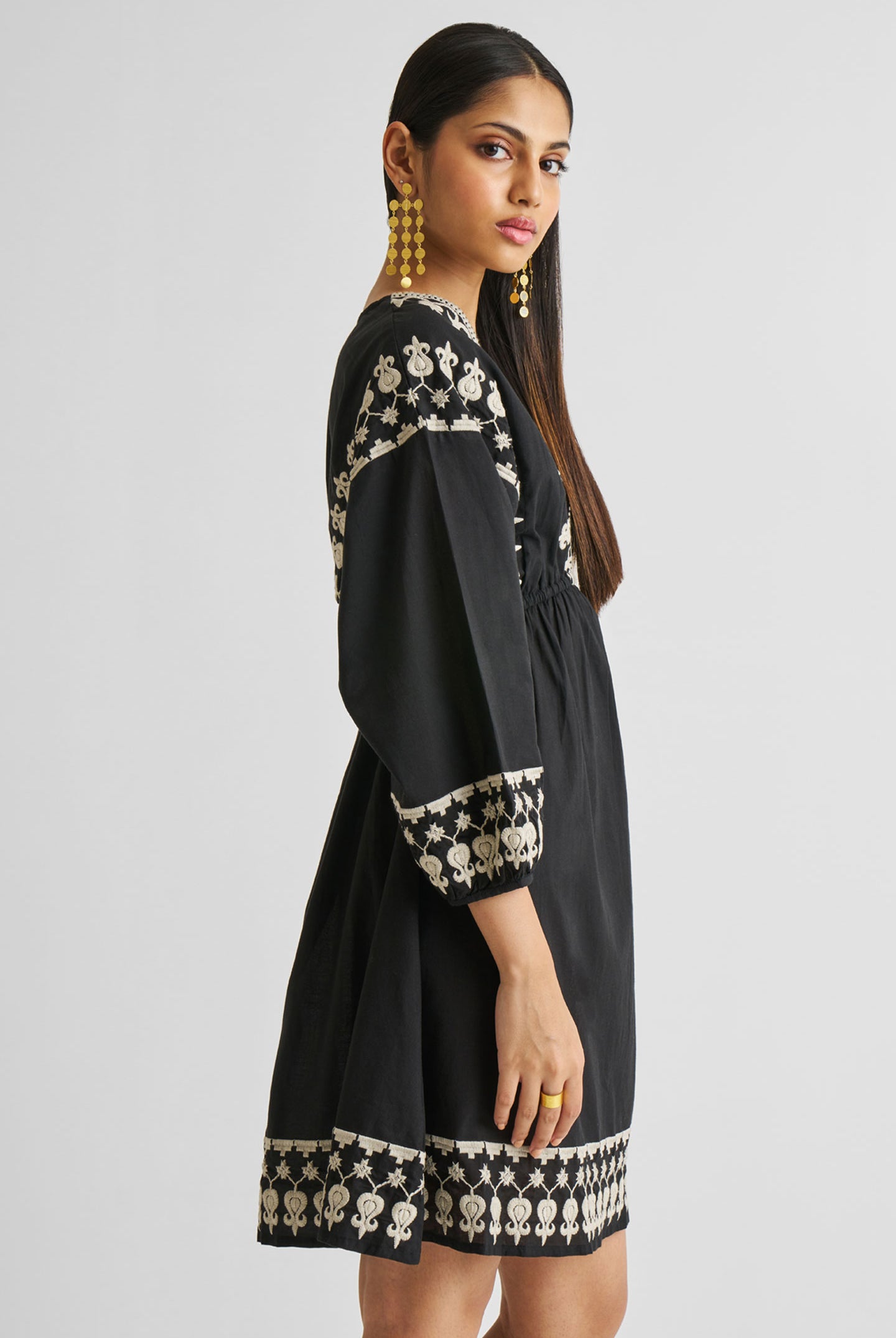 Deep V Embroidered Dress in Black Medium Shot