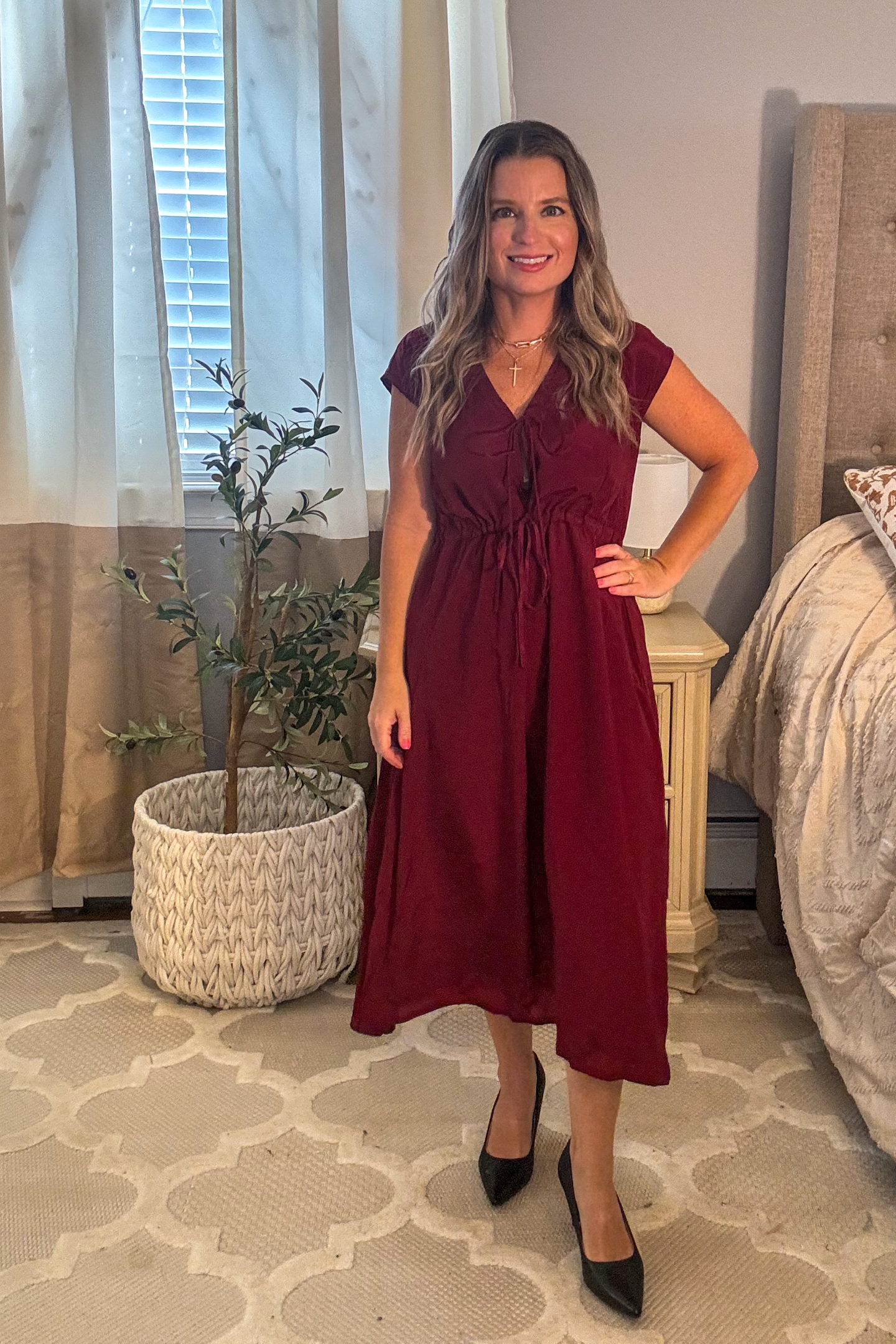 Deep V-neck Gathered Dress in Burgundy