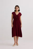 Deep V-neck Gathered Dress in Burgundy Front