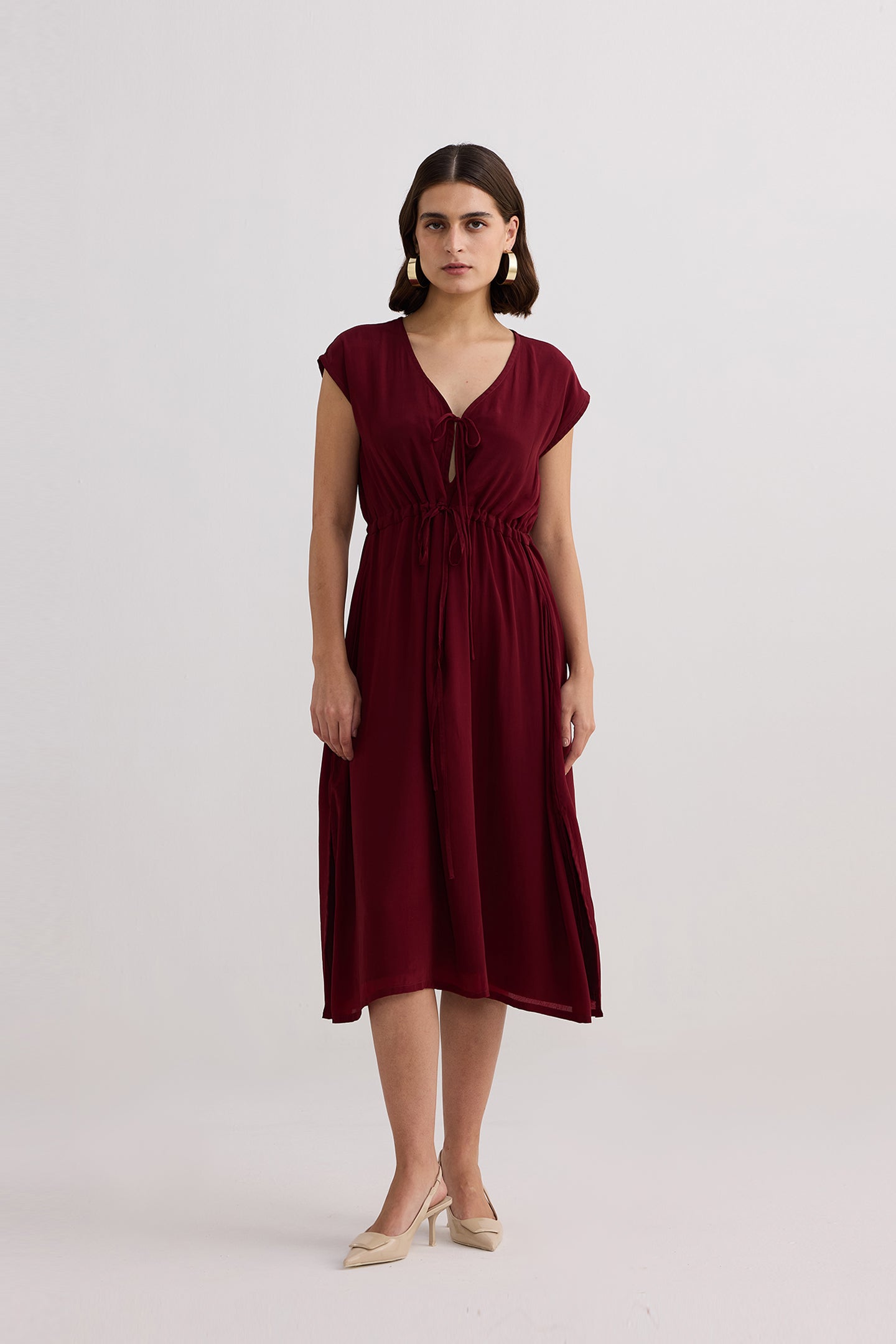 Deep V-neck Gathered Dress in Burgundy Front