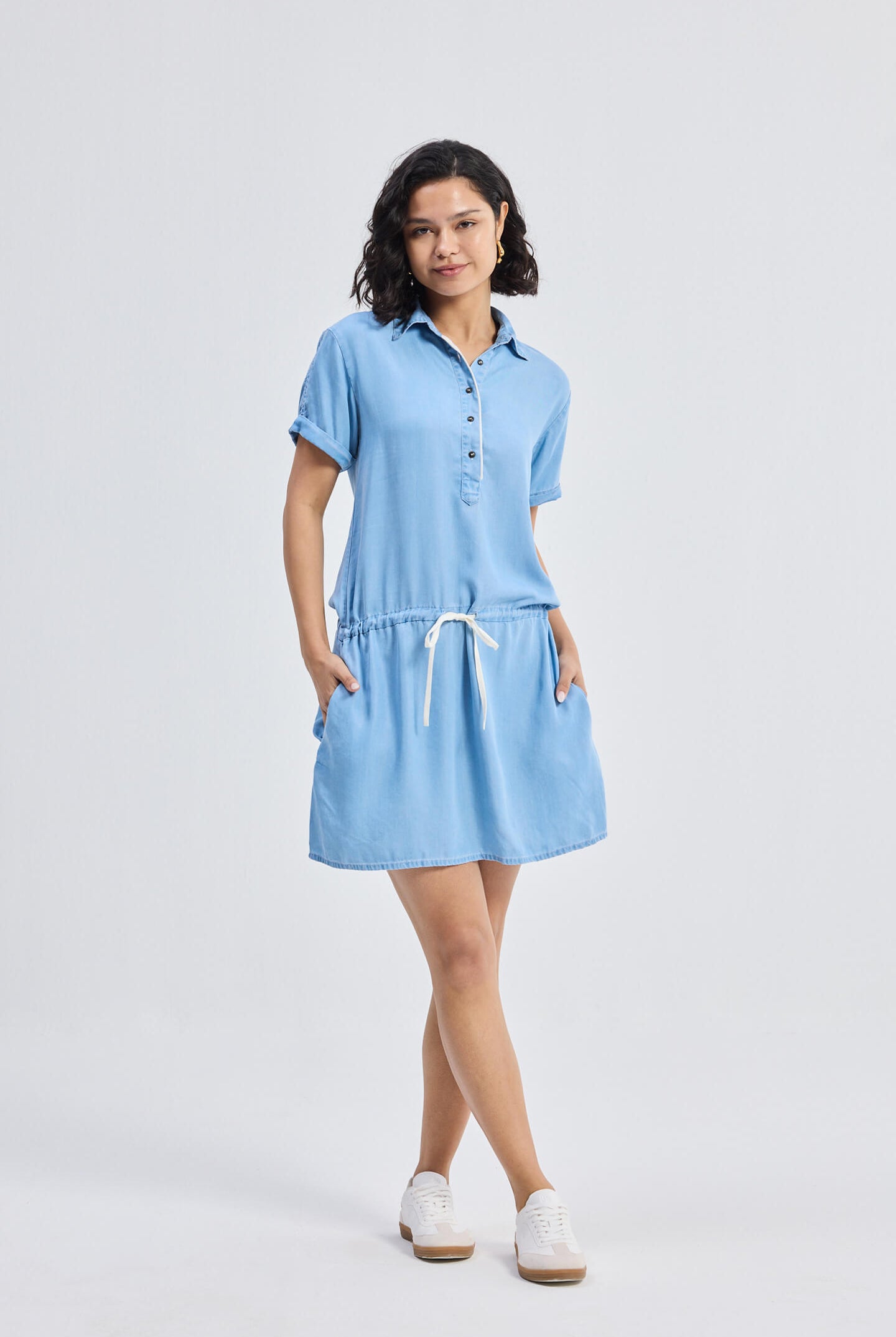 Drawstring Denim Shirt Dress with Front Buttons in Blue Front