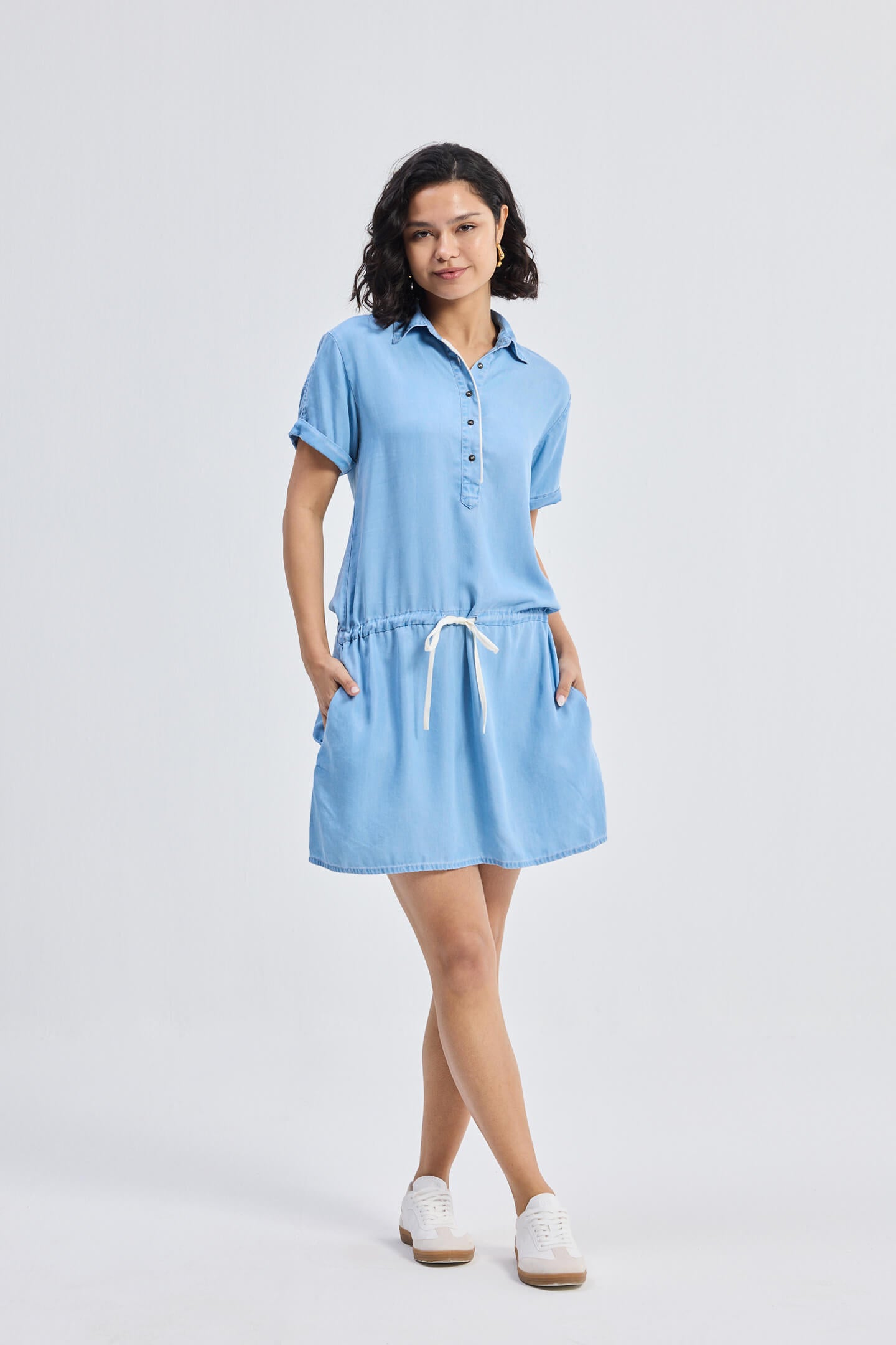 Drawstring Denim Shirt Dress with Front Buttons in Blue Front
