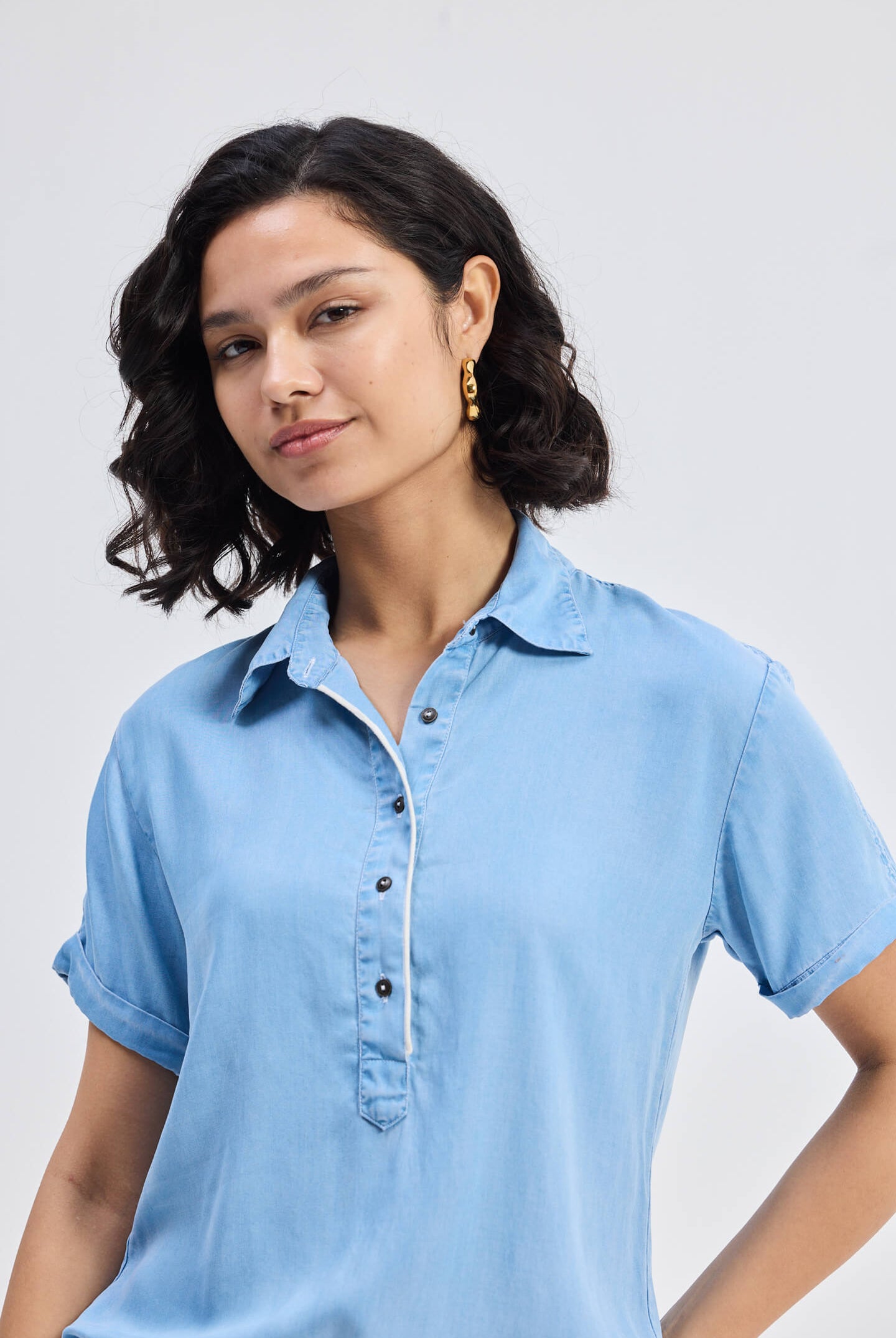 Drawstring Denim Shirt Dress with Front Buttons in Blue Closeup