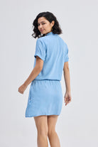 Drawstring Denim Shirt Dress with Front Buttons in Blue Back