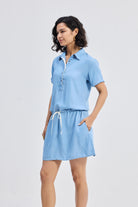 Drawstring Denim Shirt Dress with Front Buttons in Blue Side