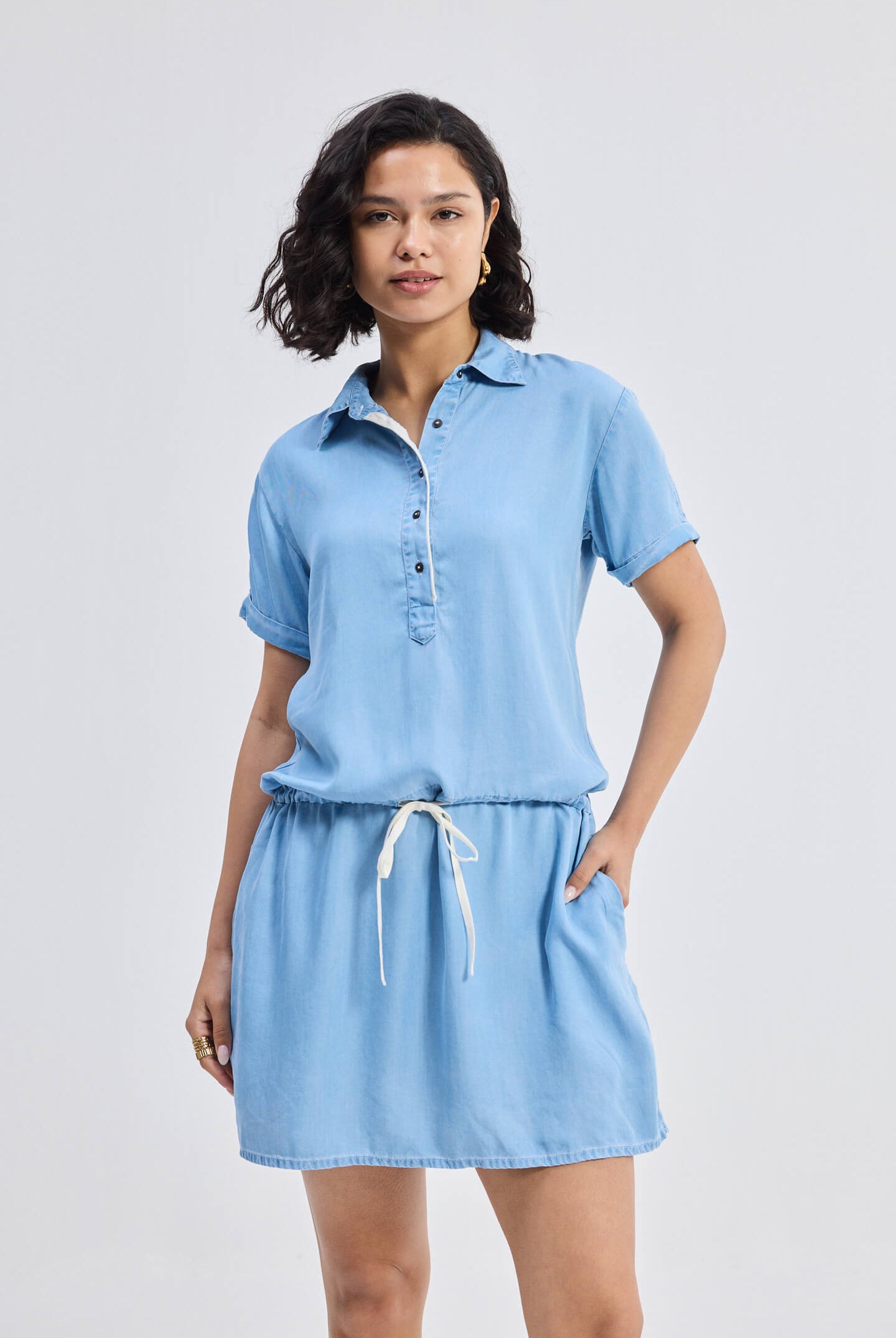 Drawstring Denim Shirt Dress with Front Buttons in Blue Front