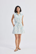 Drawstring Shirt Dress in Blue Florals Front