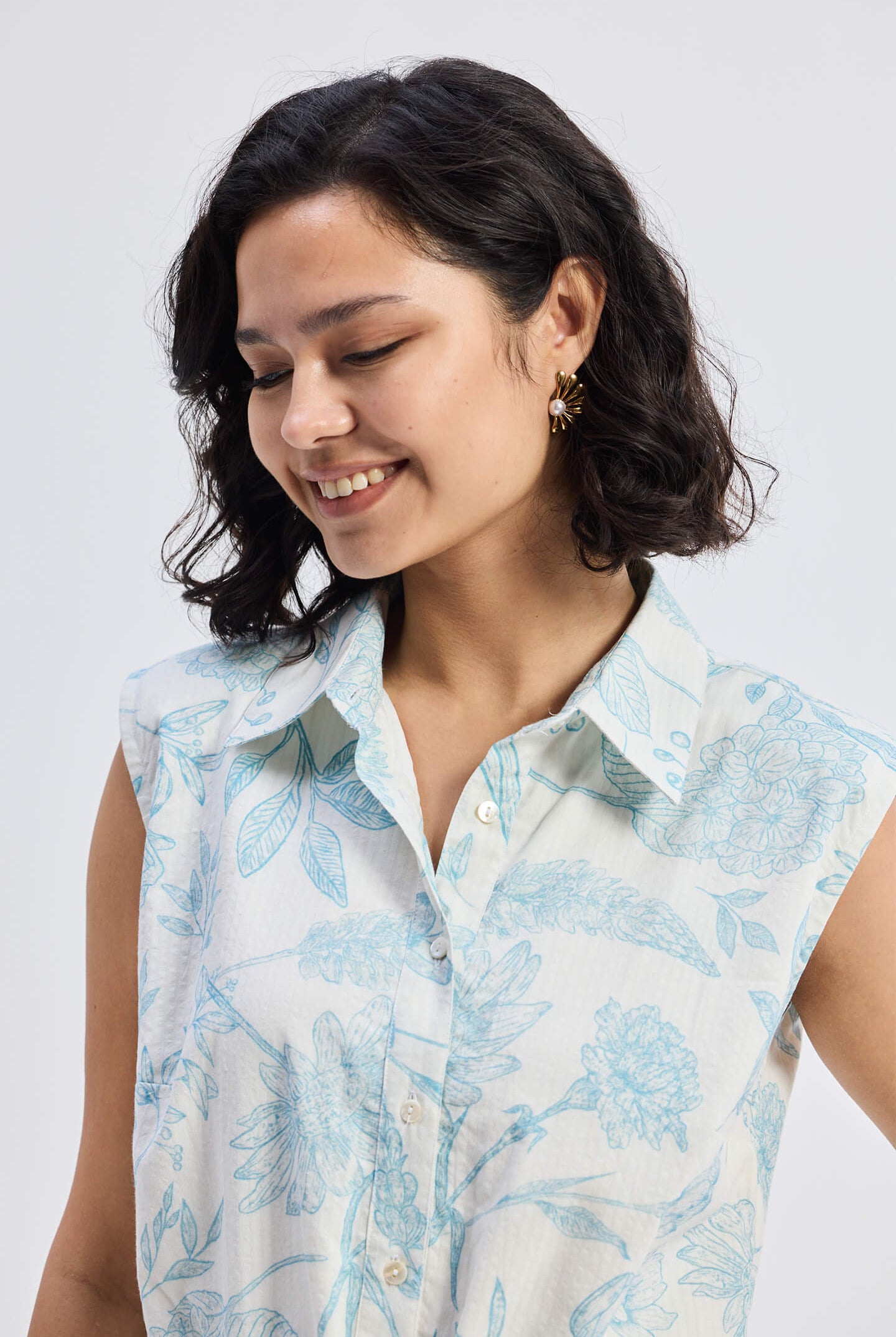 Drawstring Shirt Dress in Blue Florals Closeup