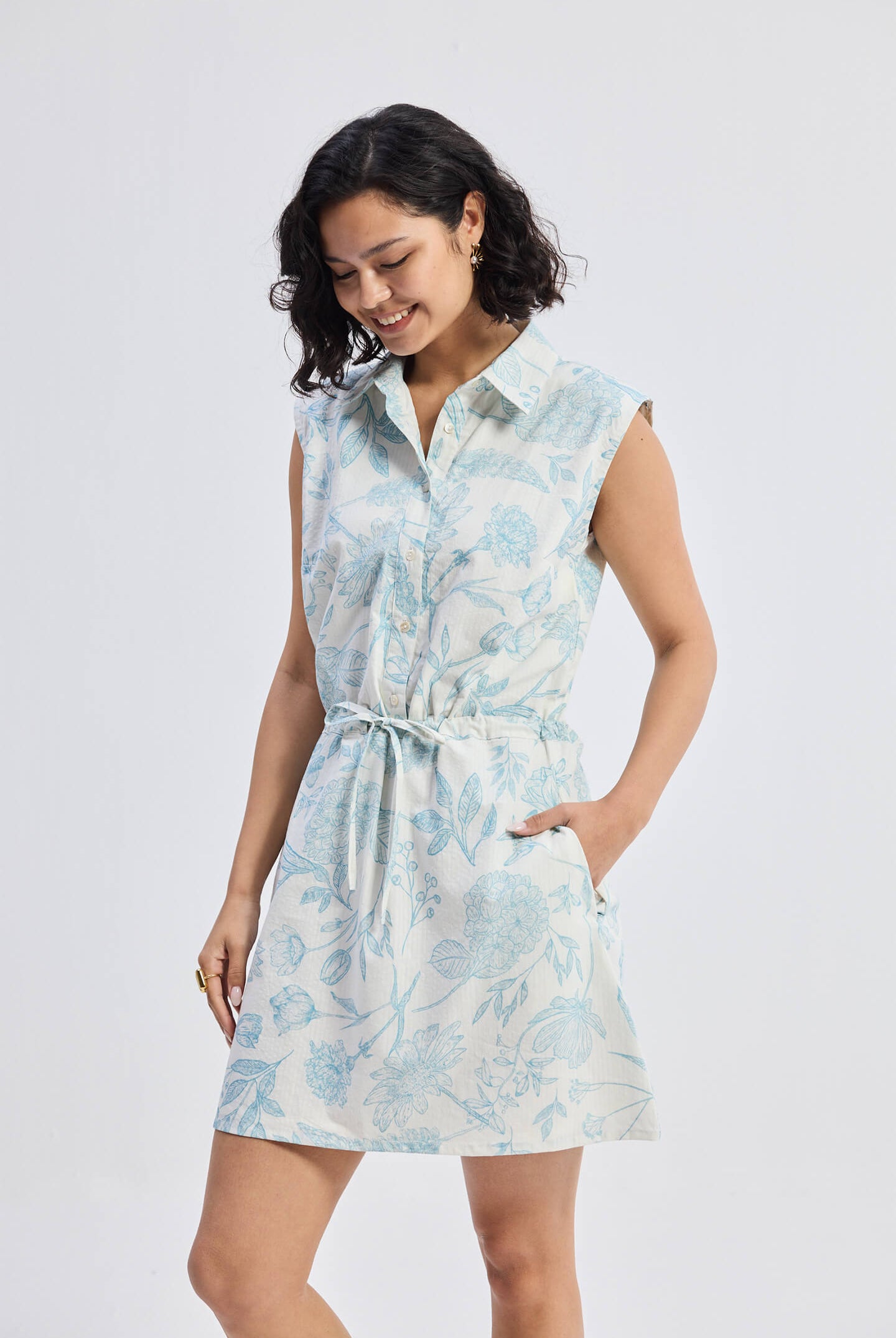 Drawstring Shirt Dress in Blue Florals Front