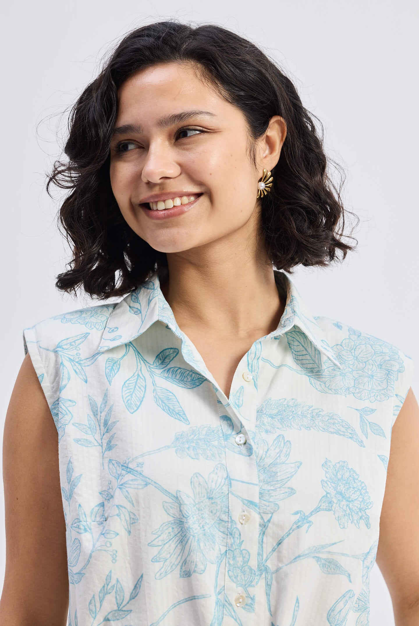 Drawstring Shirt Dress in Blue Florals Closeup