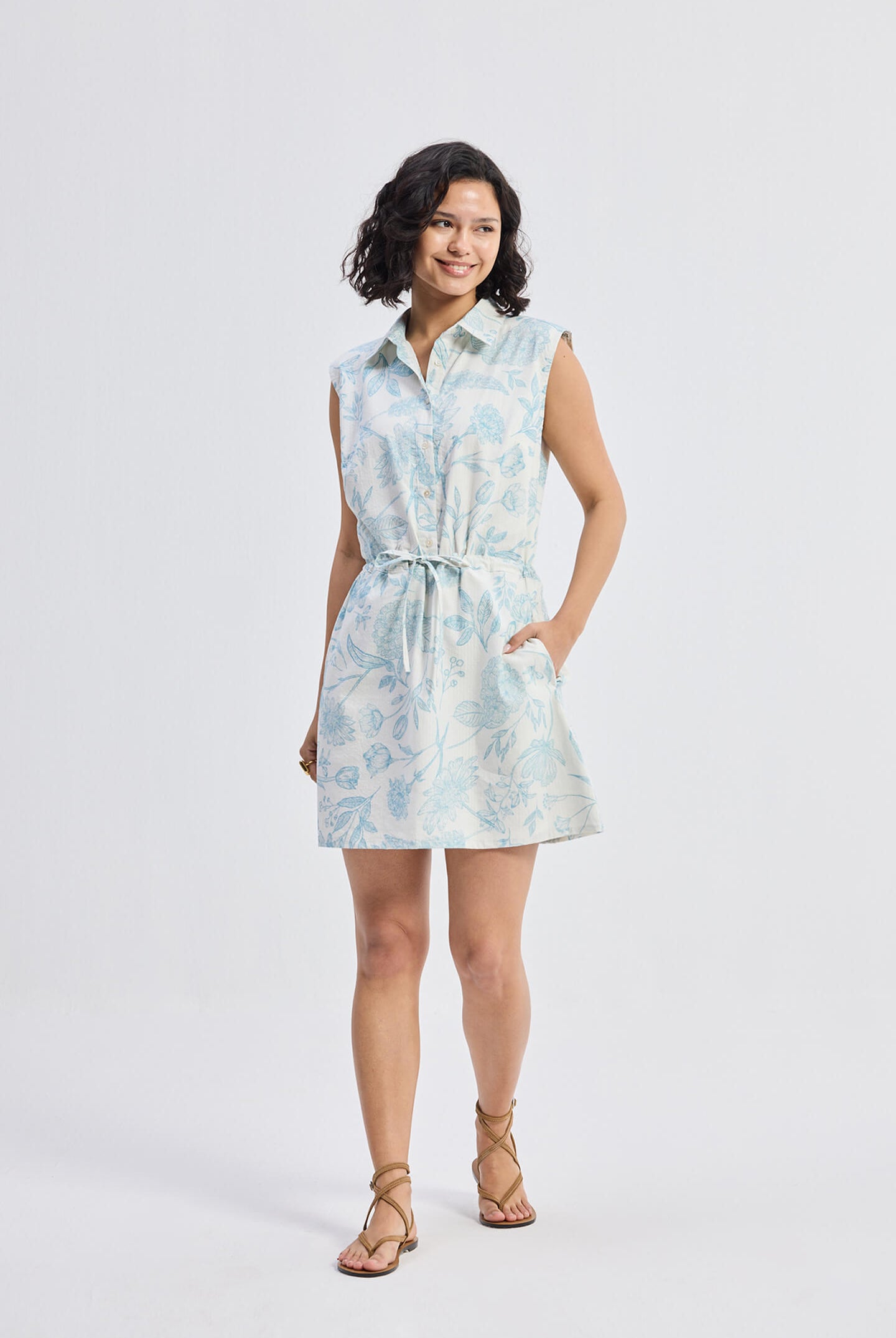 Drawstring Shirt Dress in Blue Florals Front