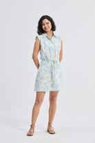 Drawstring Shirt Dress in Blue Florals Front
