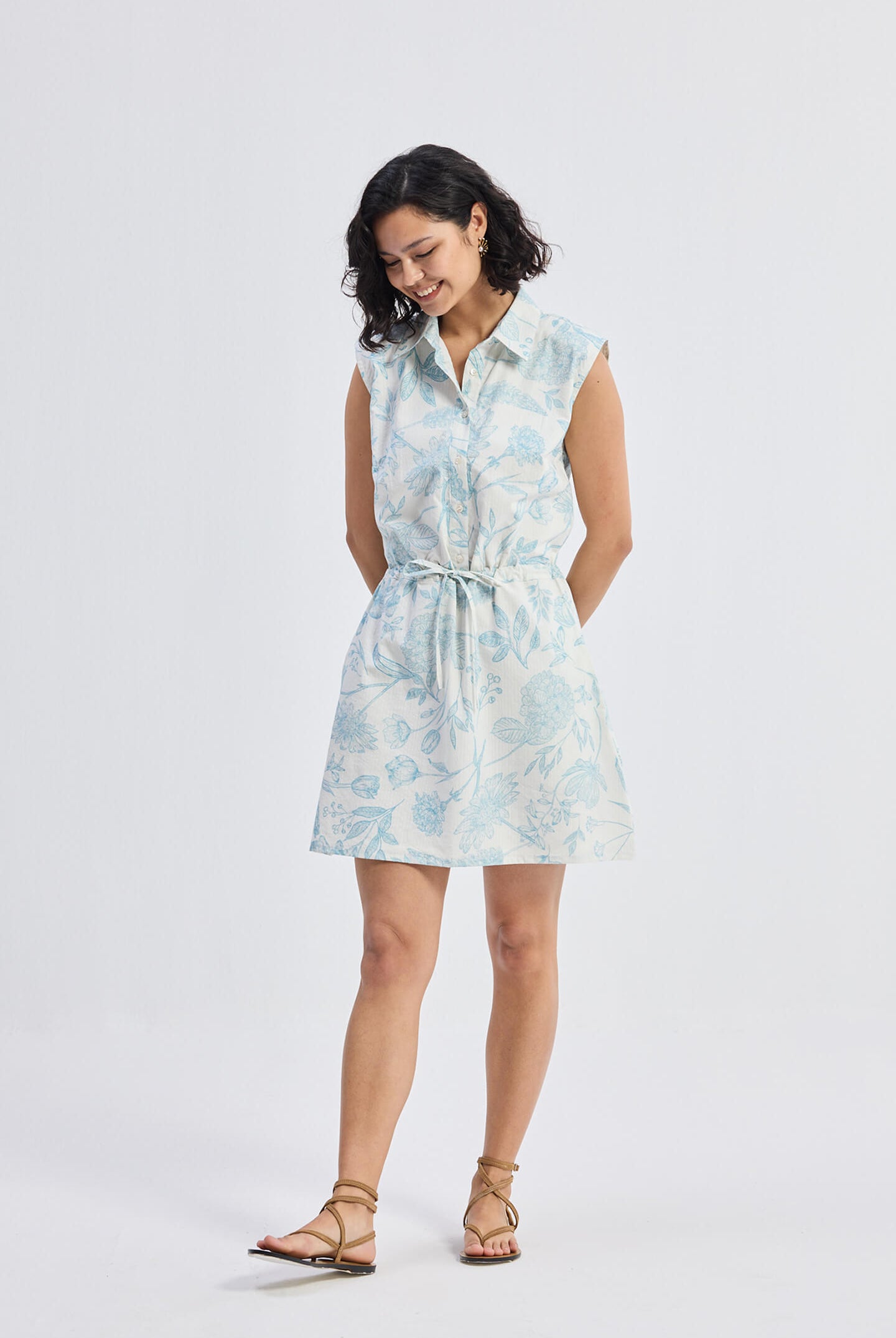 Drawstring Shirt Dress in Blue Florals Moodshot