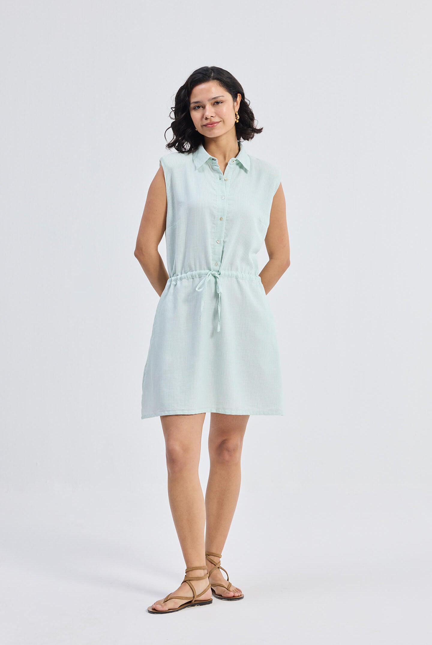 Drawstring Shirt Dress in Stripes Front