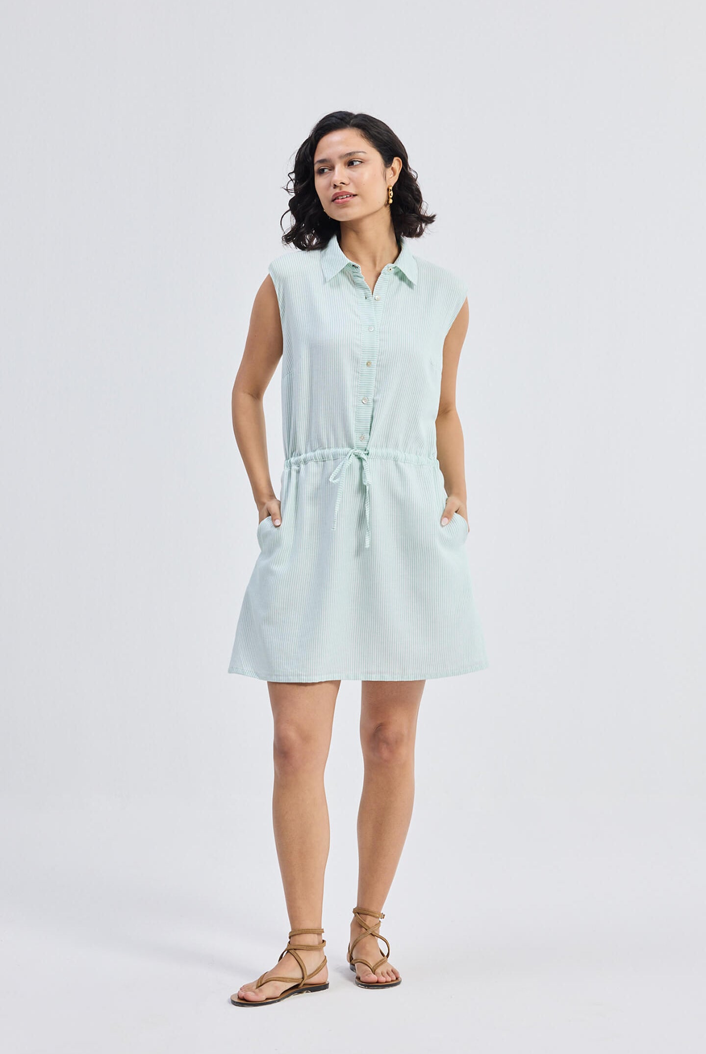 Drawstring Shirt Dress in Stripes Moodshot