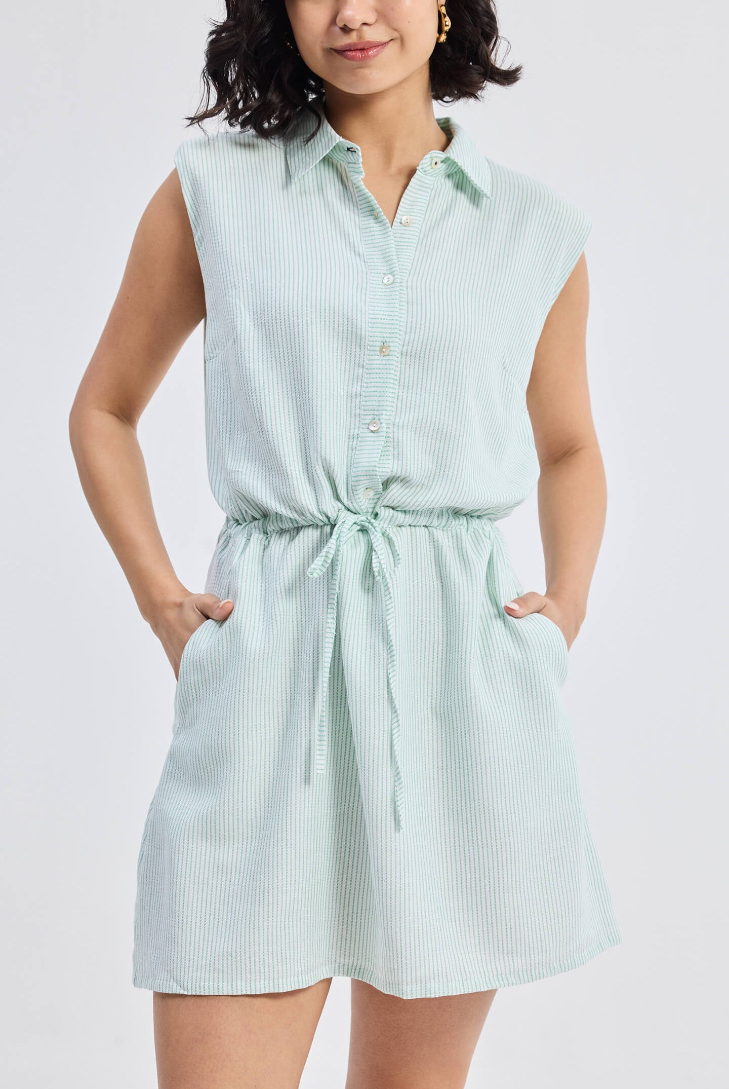 Drawstring Shirt Dress in Stripes Front