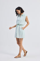 Drawstring Shirt Dress in Stripes Side
