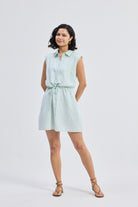 Drawstring Shirt Dress in Stripes Front