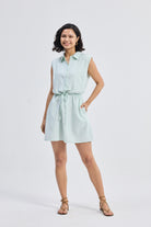 Drawstring Shirt Dress in Stripes Moodshot