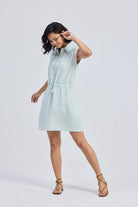 Drawstring Shirt Dress in Stripes Moodshot