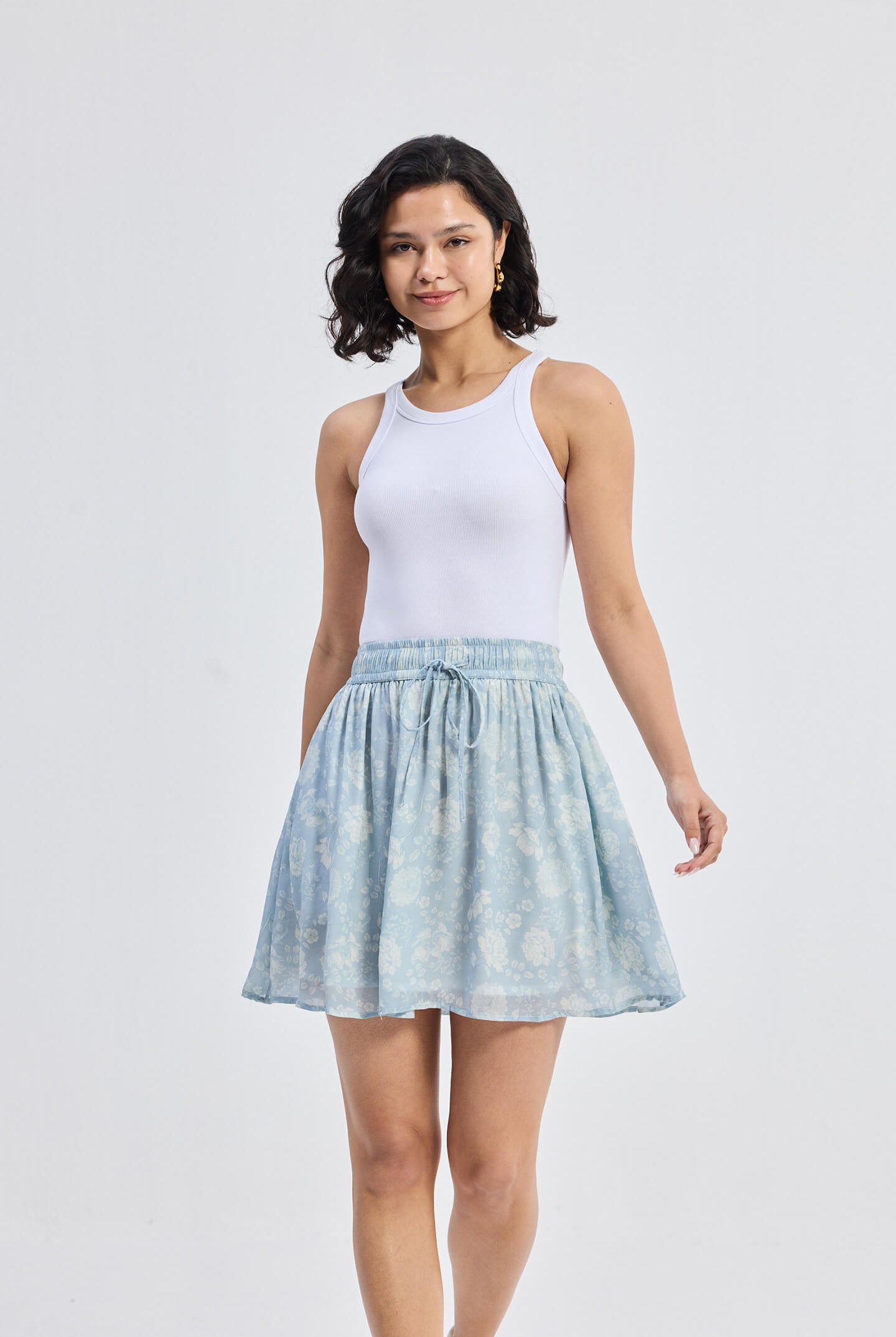 Drawstring Short Skirt in Blue Florals Moodshot
