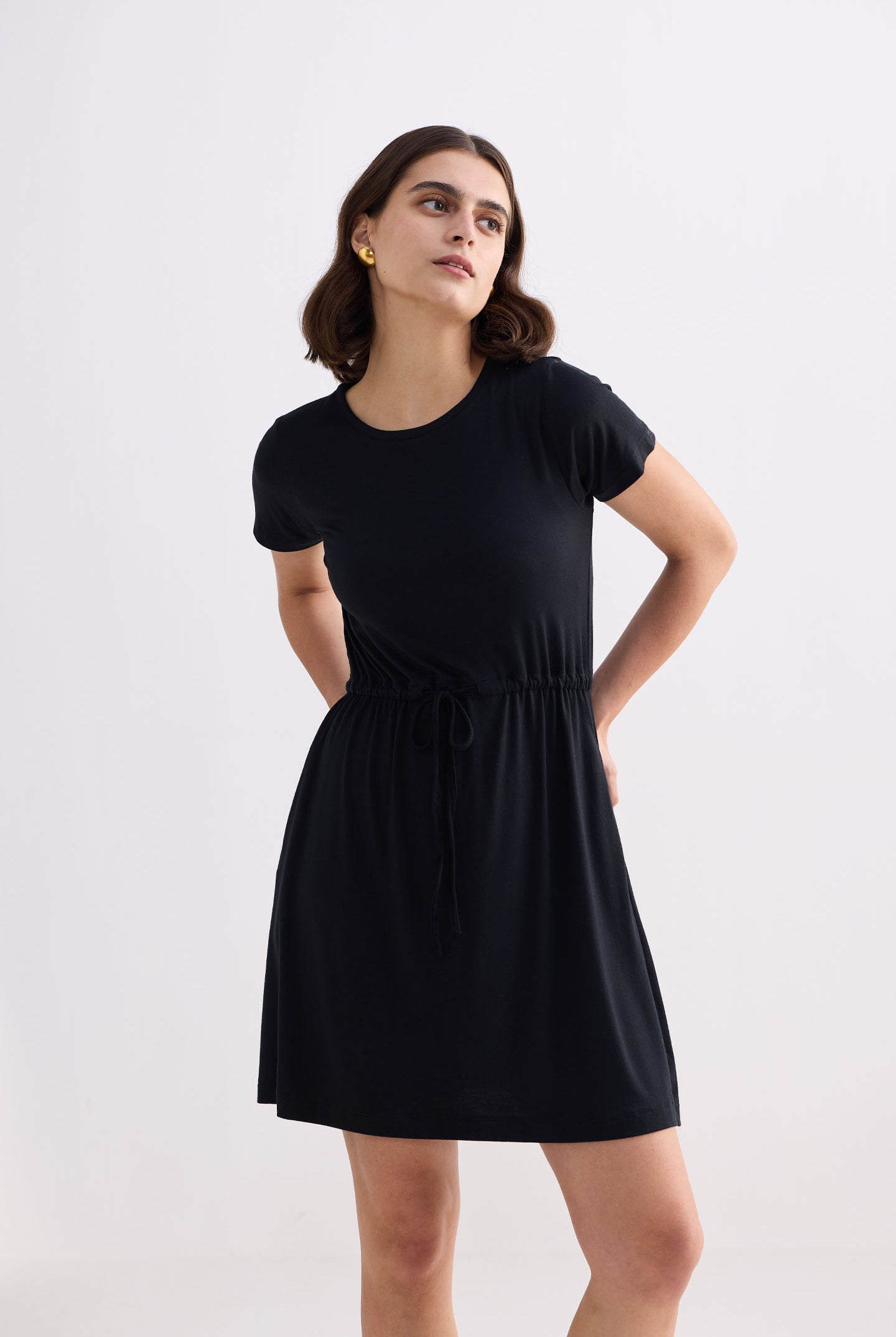 Drawstring Short T-shirt Dress in Black Moodshot