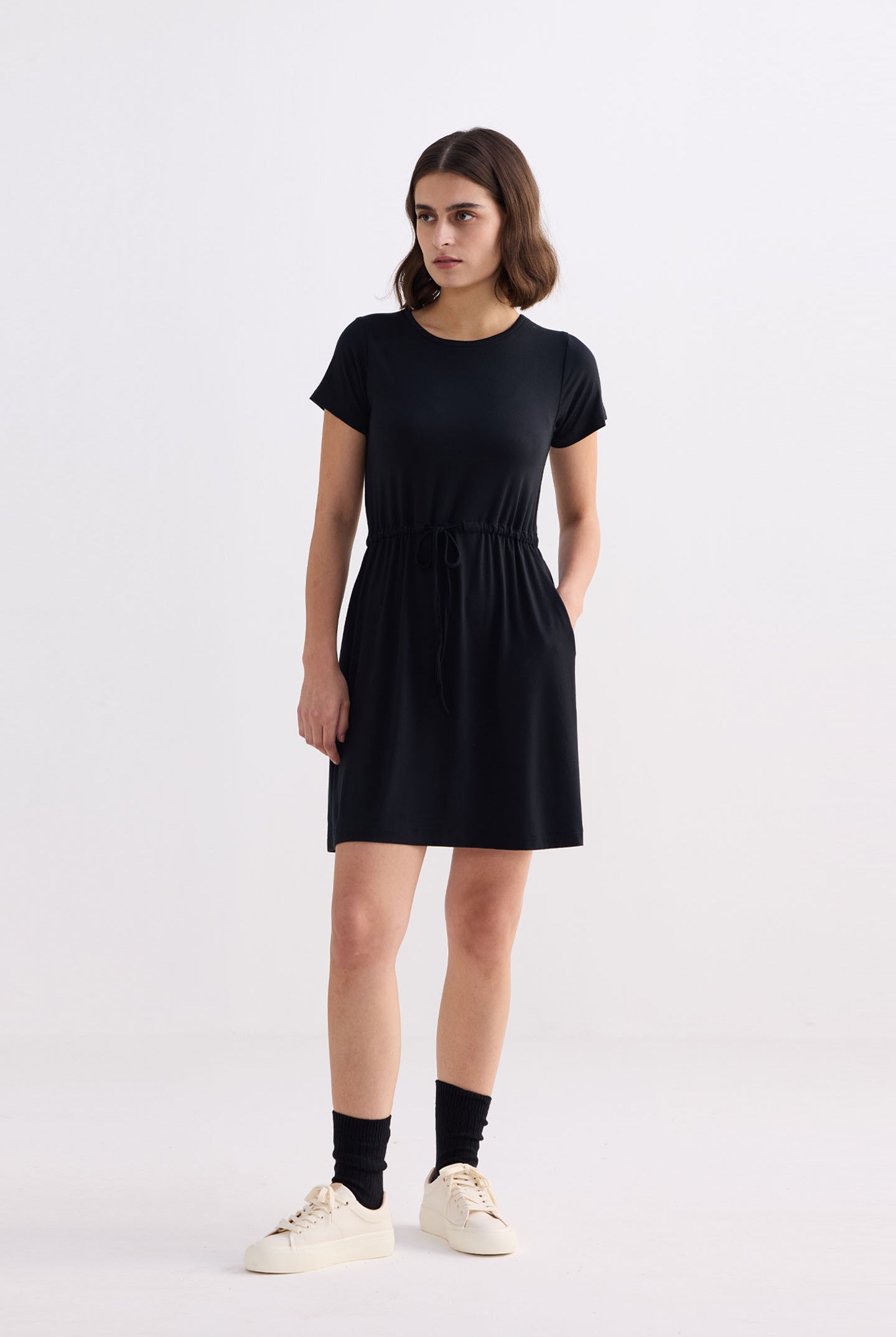 Drawstring Short T-shirt Dress in Black Front