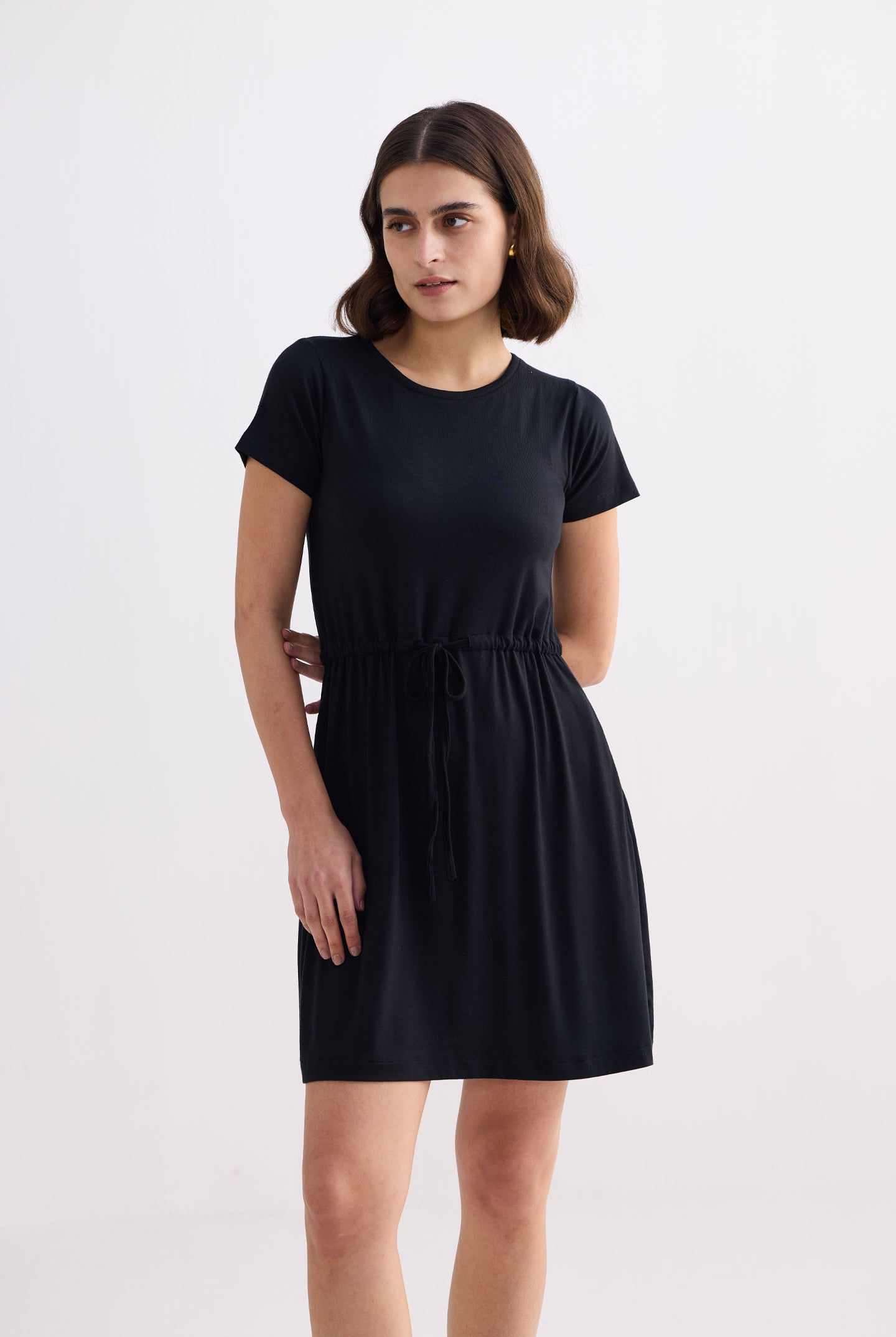 Drawstring Short T-shirt Dress in Black Front