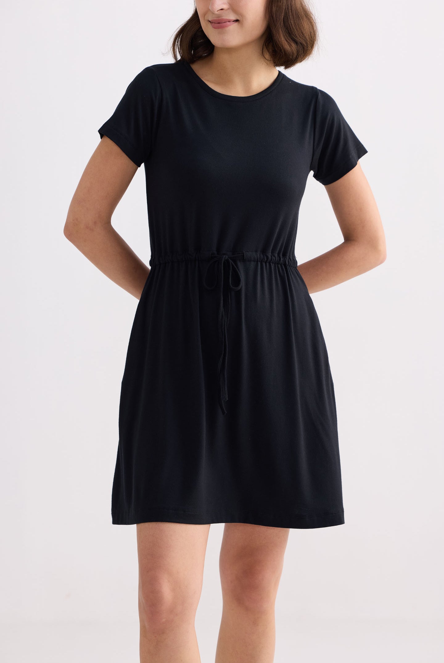 Drawstring Short T-shirt Dress in Black Closeup