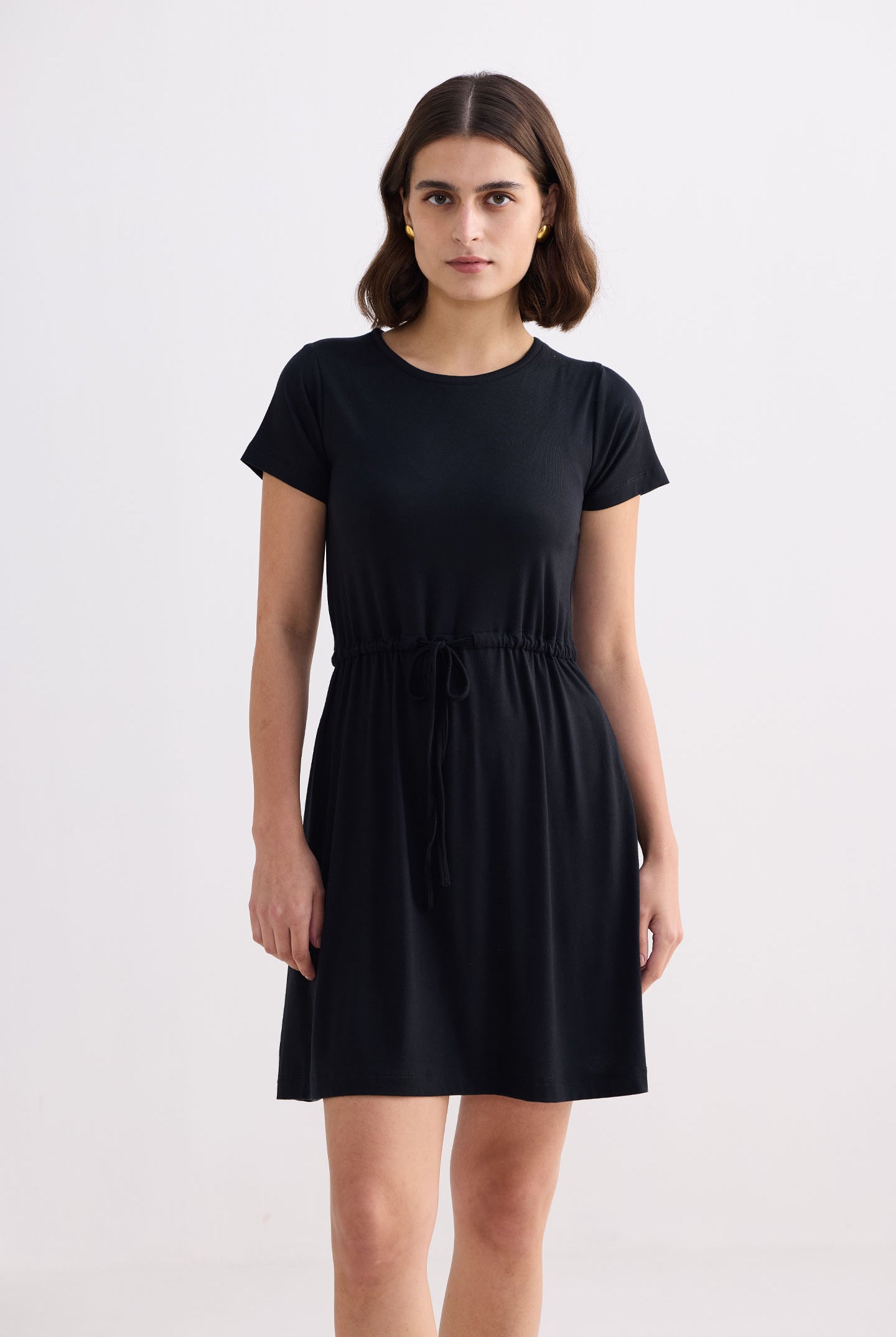 Drawstring Short T-shirt Dress in Black Front
