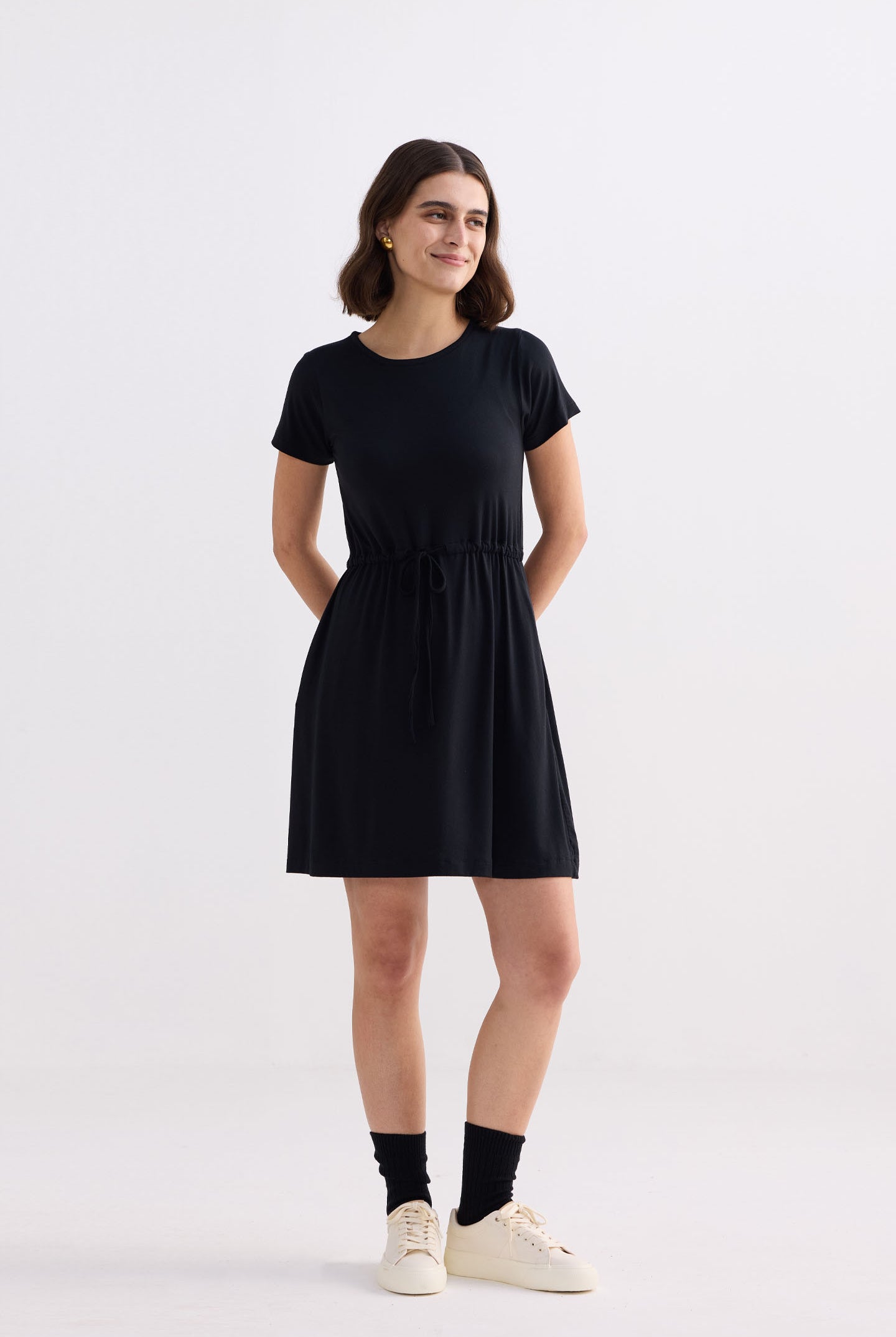 Drawstring Short T-shirt Dress in Black Front