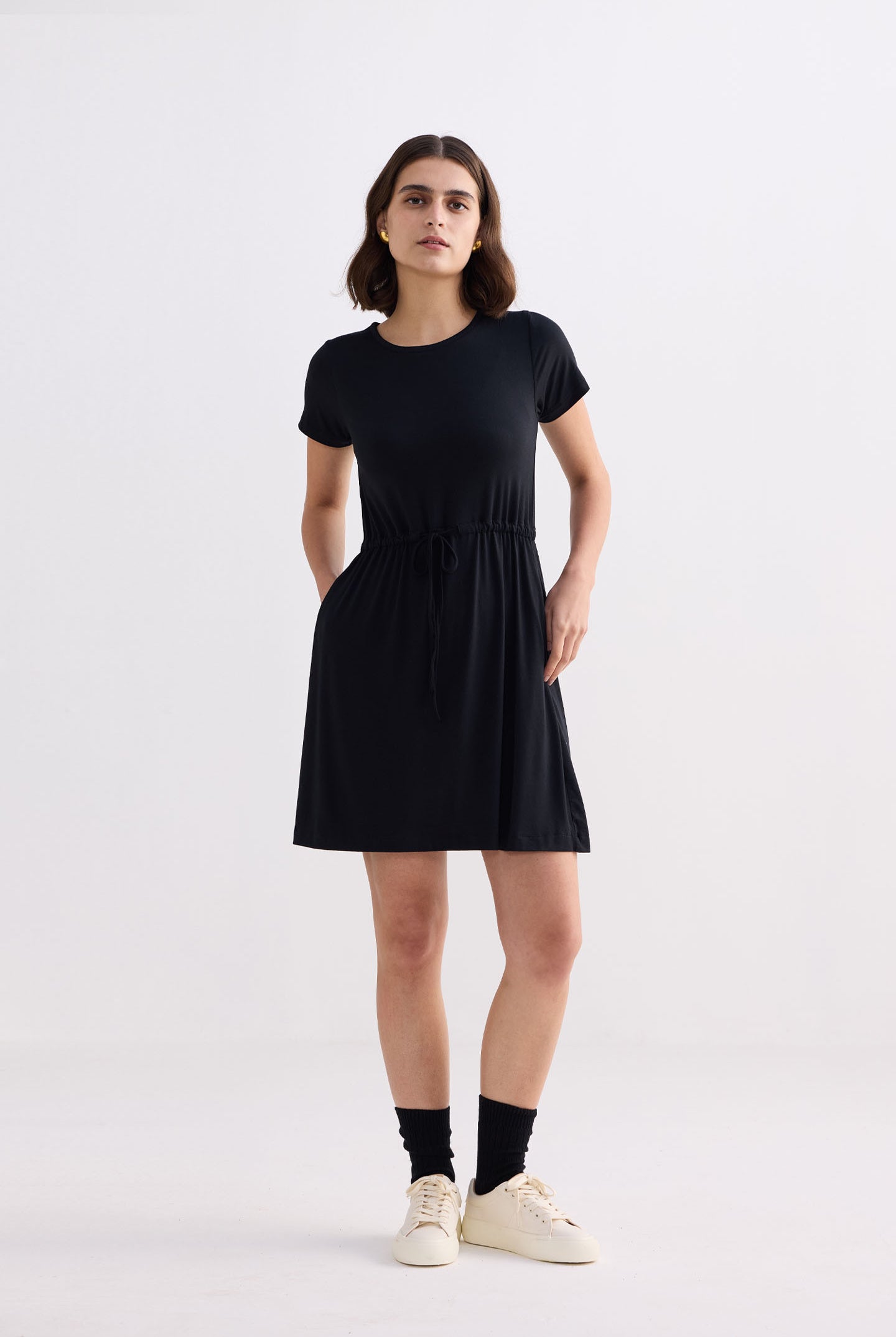 Drawstring Short T-shirt Dress in Black Front