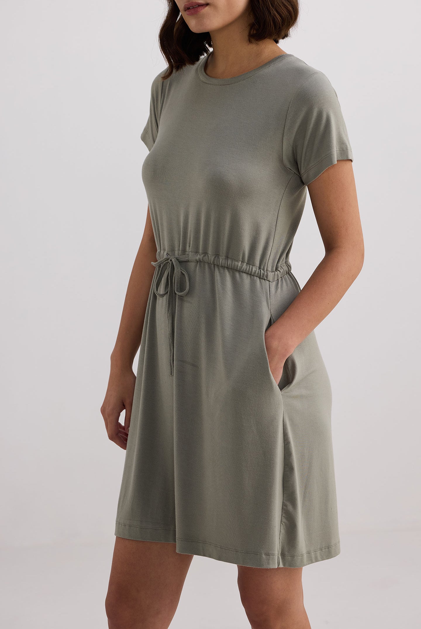 Drawstring Short T-shirt Dress in Light Olive Closeup